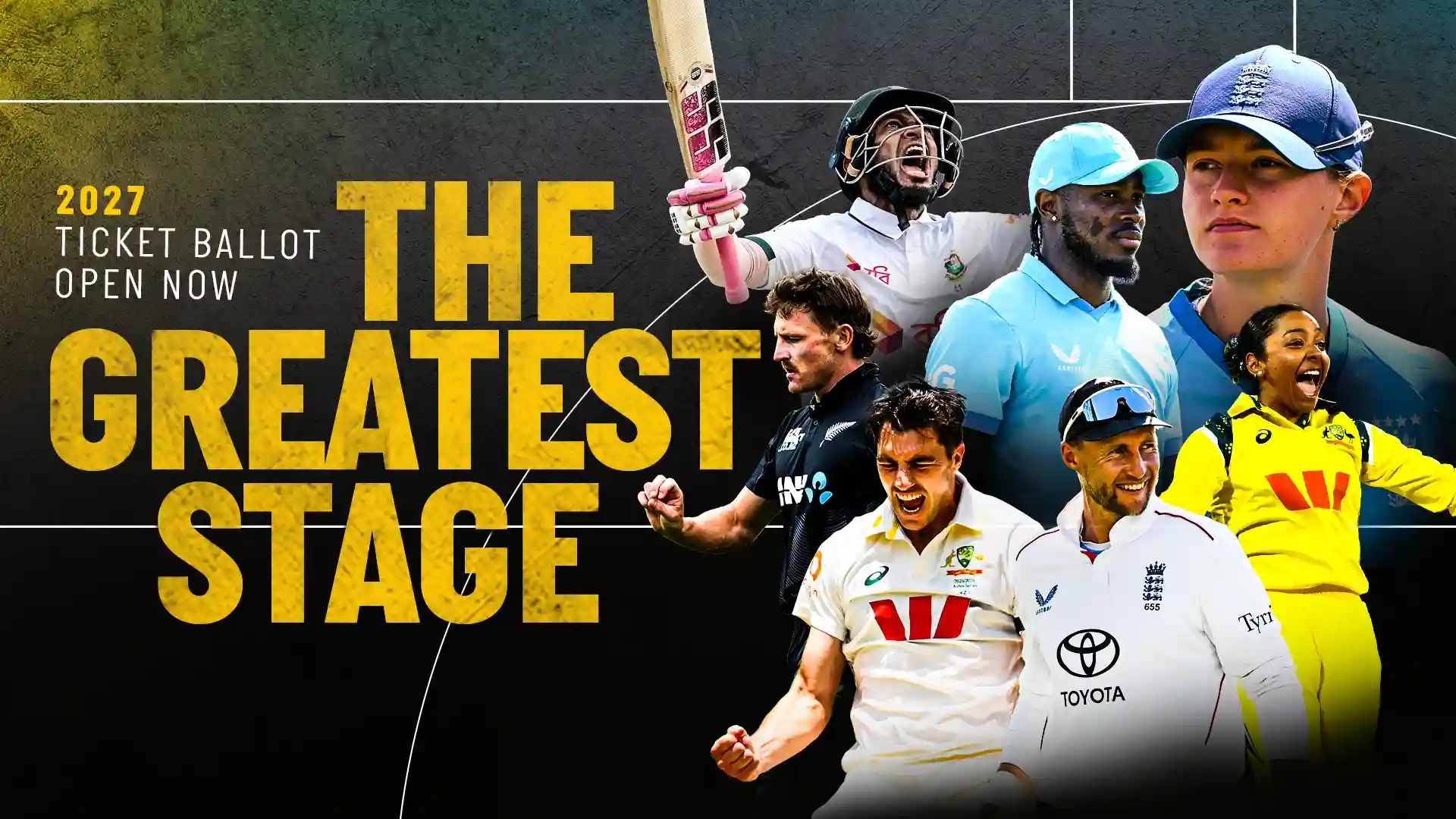 Official Lord's graphic announcing the 2027 Ashes ticket ballot is open, with England and Australia players superimposed over the ground