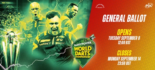 Graphic announcing the World Darts Championship general ballot dates, with players including Luke Littler and Michael van Gerwen