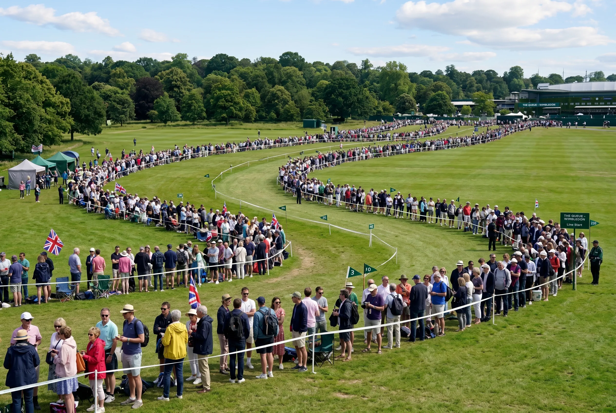 Fans waiting in The Queue at Wimbledon Park, lined up with bags and chairs to buy same-day tickets.