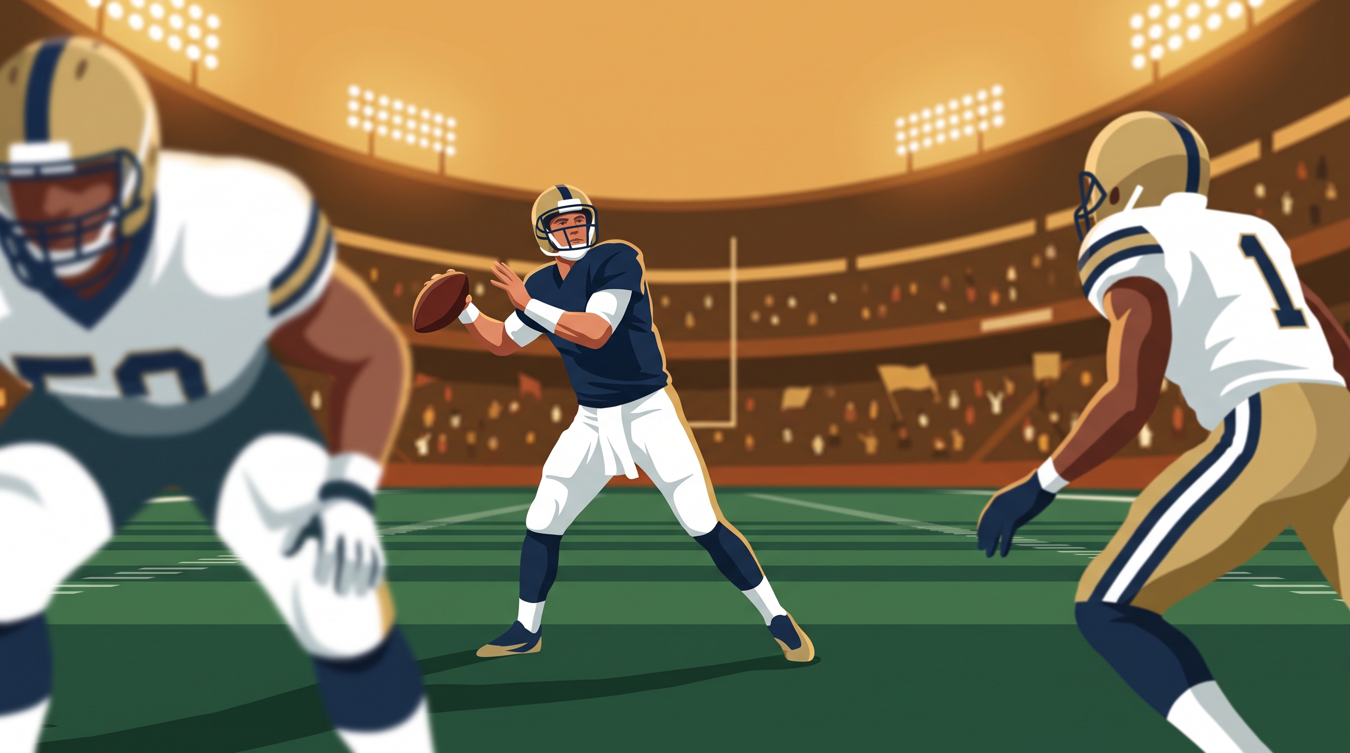 An American football quarterback mid-throw on the field with a packed stadium bowl behind