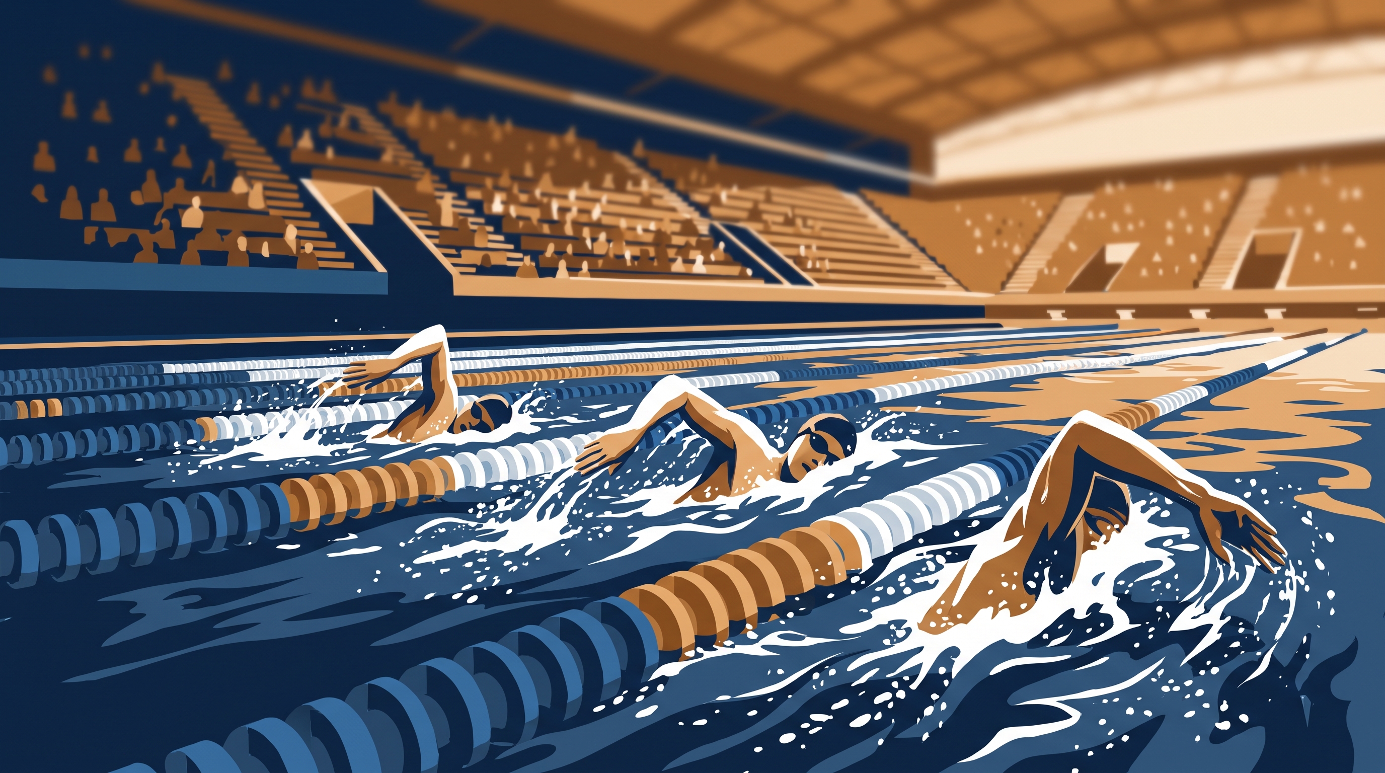Swimmers racing in their lanes in a pool with a crowd in the stand behind