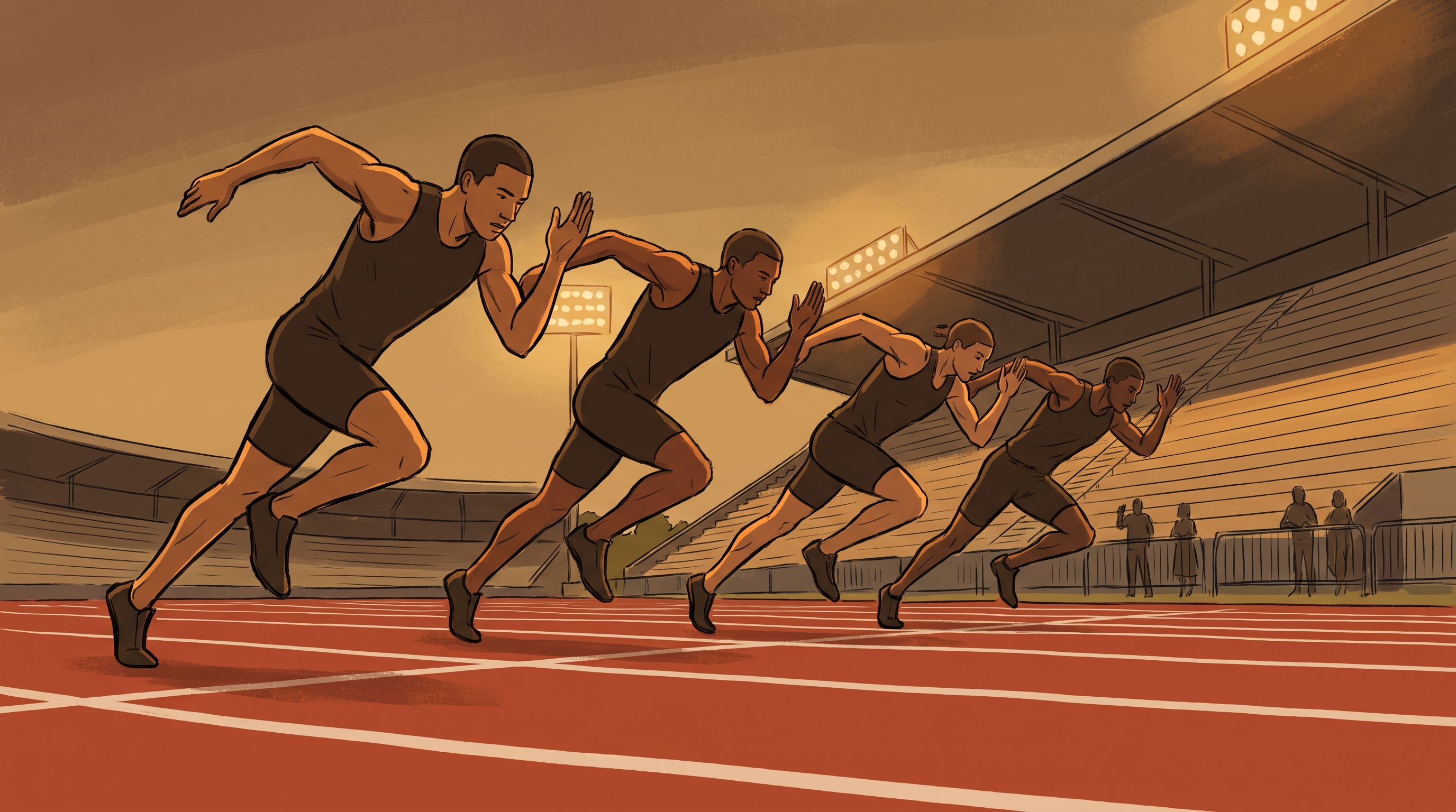 Runners mid-stride racing on an athletics track with a crowd in the stand behind
