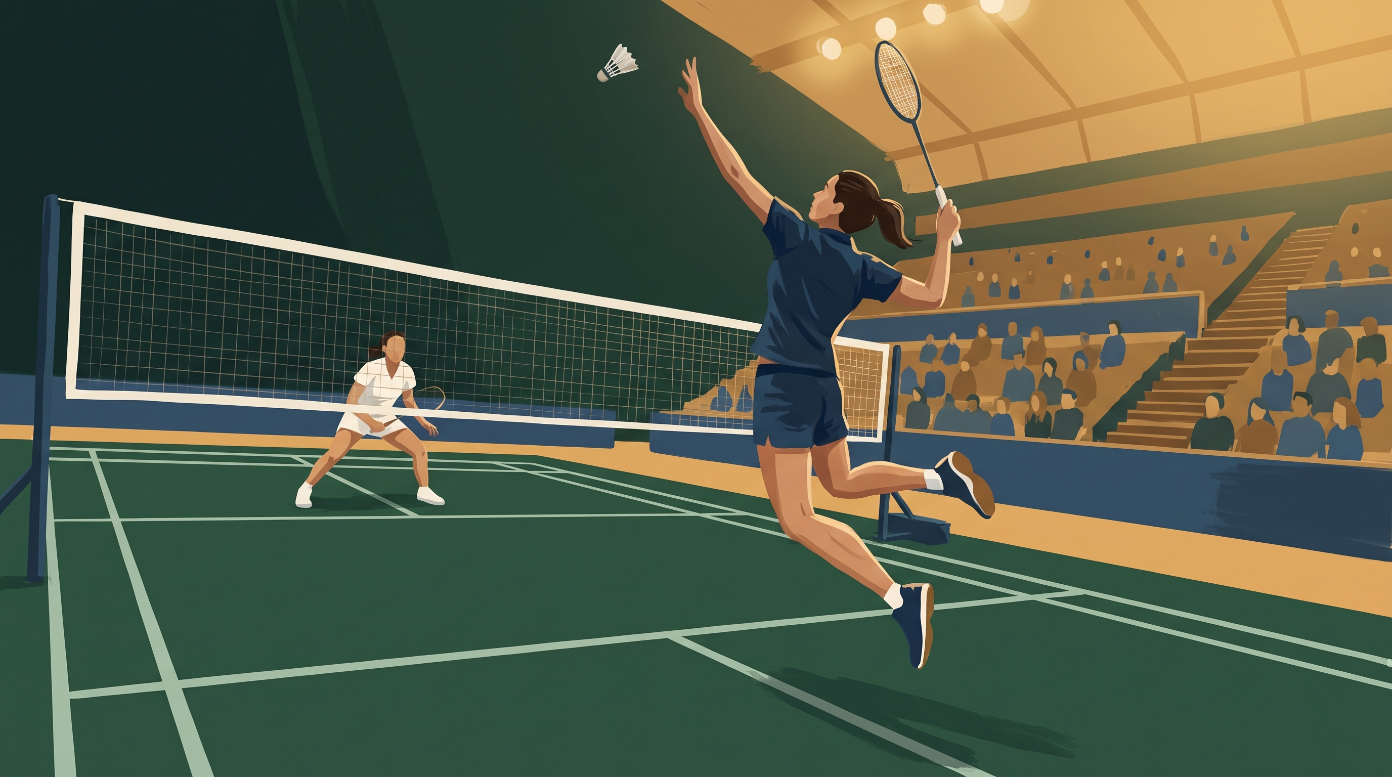 A badminton player mid-smash on court with a crowd in the stand behind