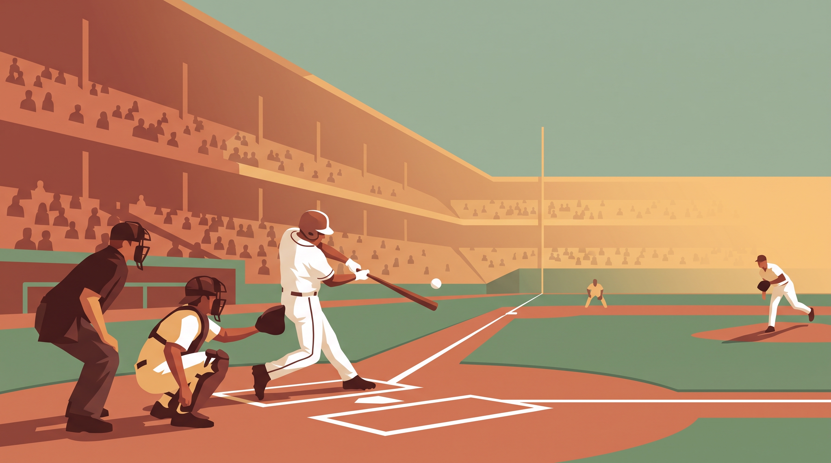 A baseball batter mid-swing at home plate with a crowd in the stadium behind