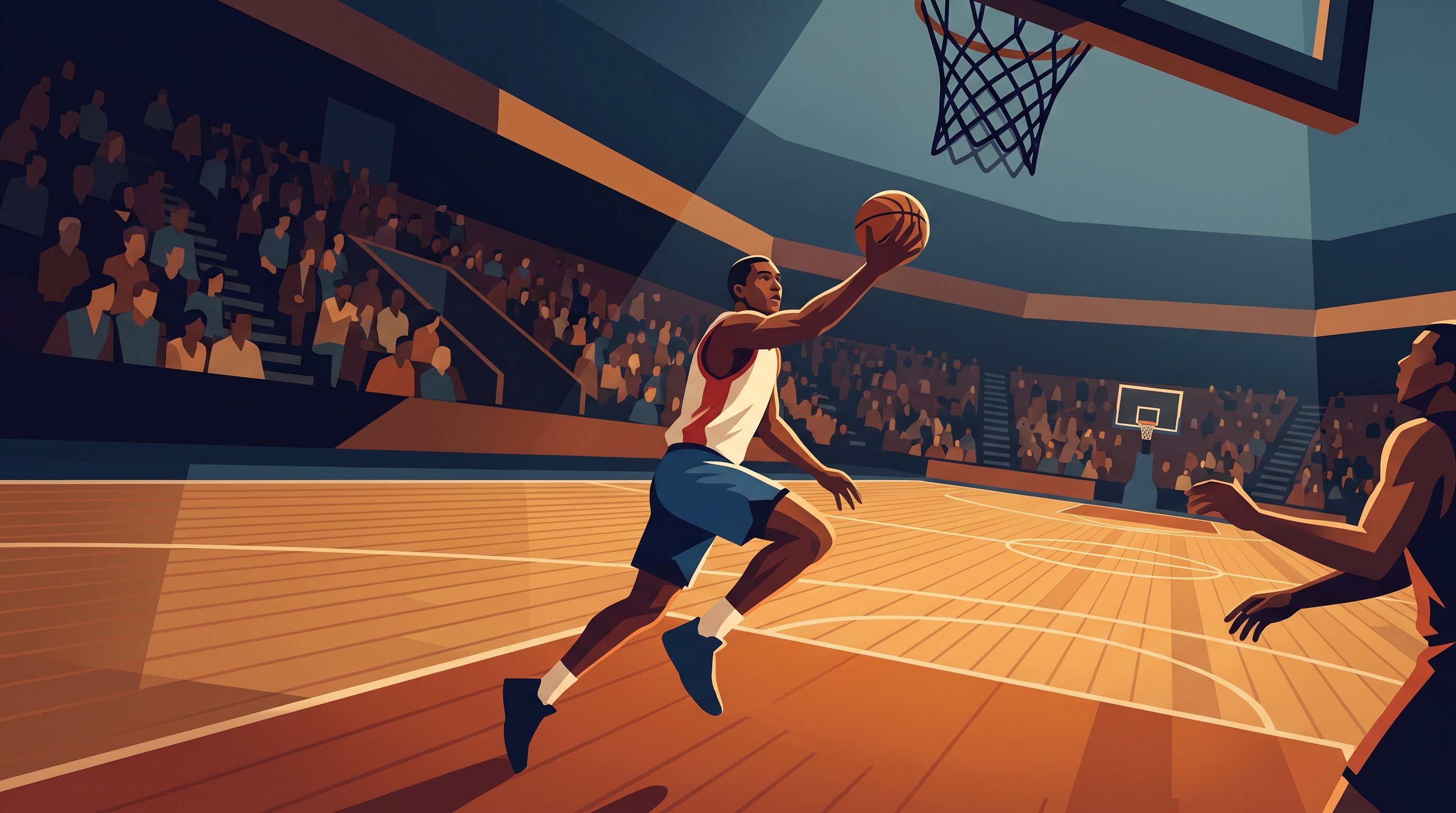 A basketball player driving to the hoop with a crowd in the arena behind