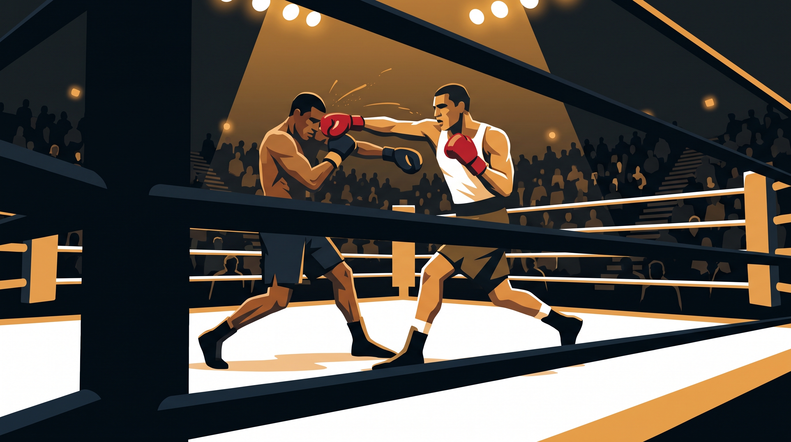 Two boxers mid-exchange in the ring with a crowd of spectators behind