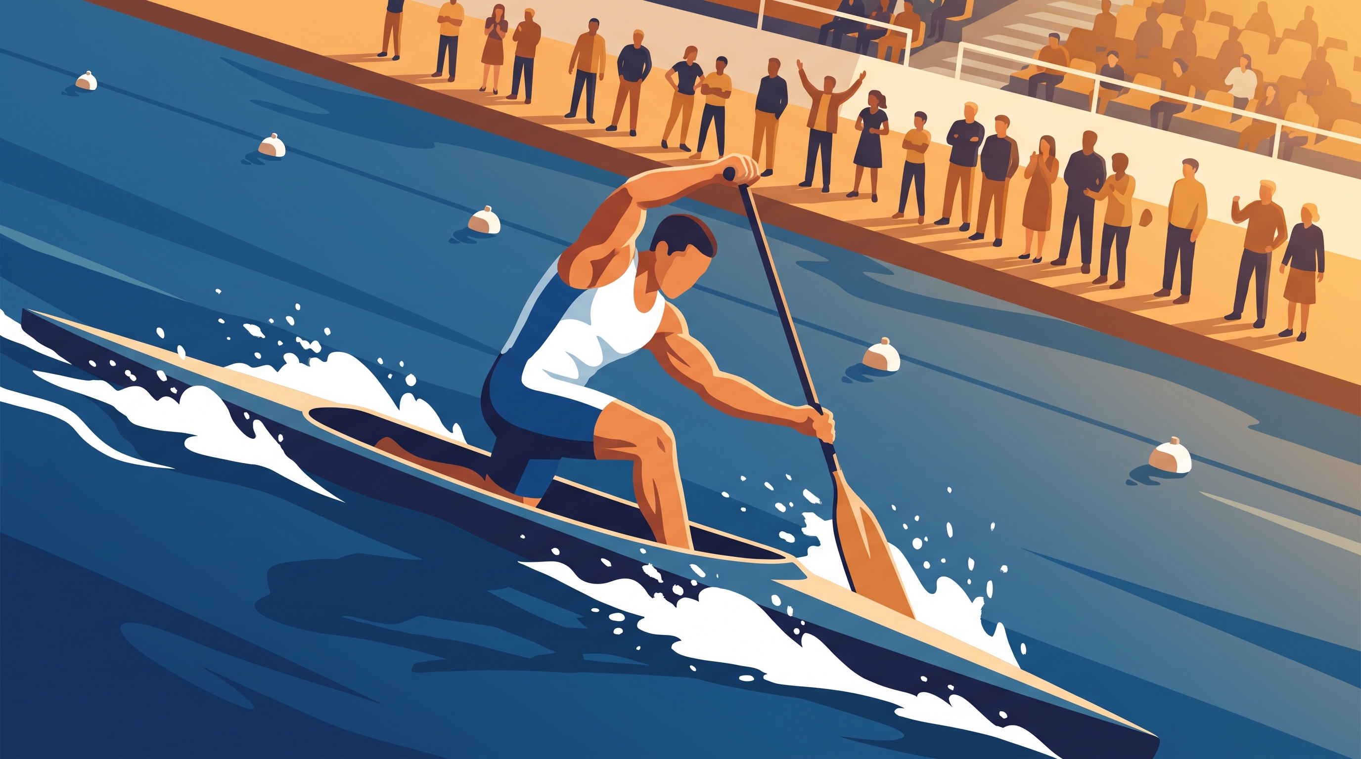 A canoeist mid-stroke racing on the water with spectators behind