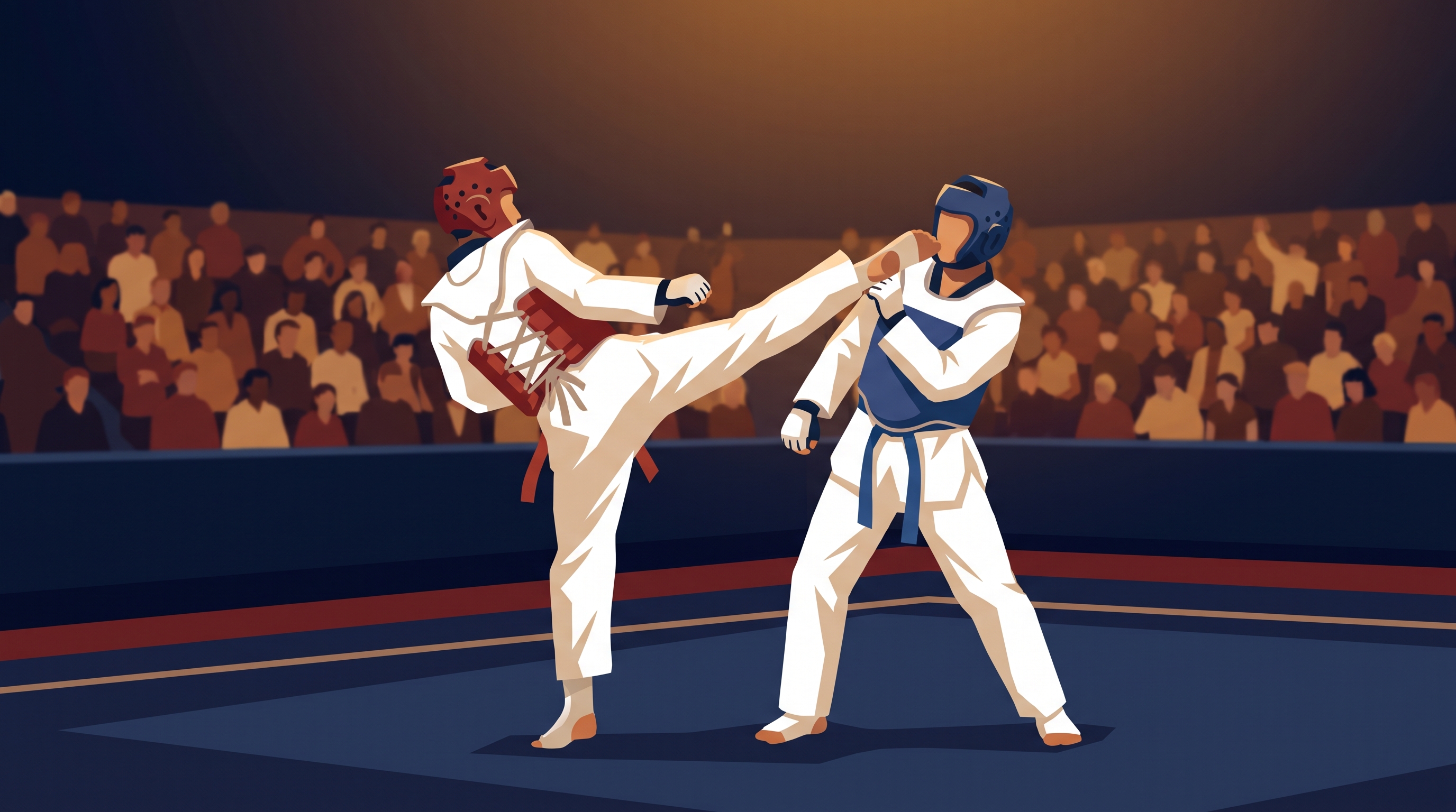 A taekwondo competitor mid-kick on the mat with a crowd of spectators behind