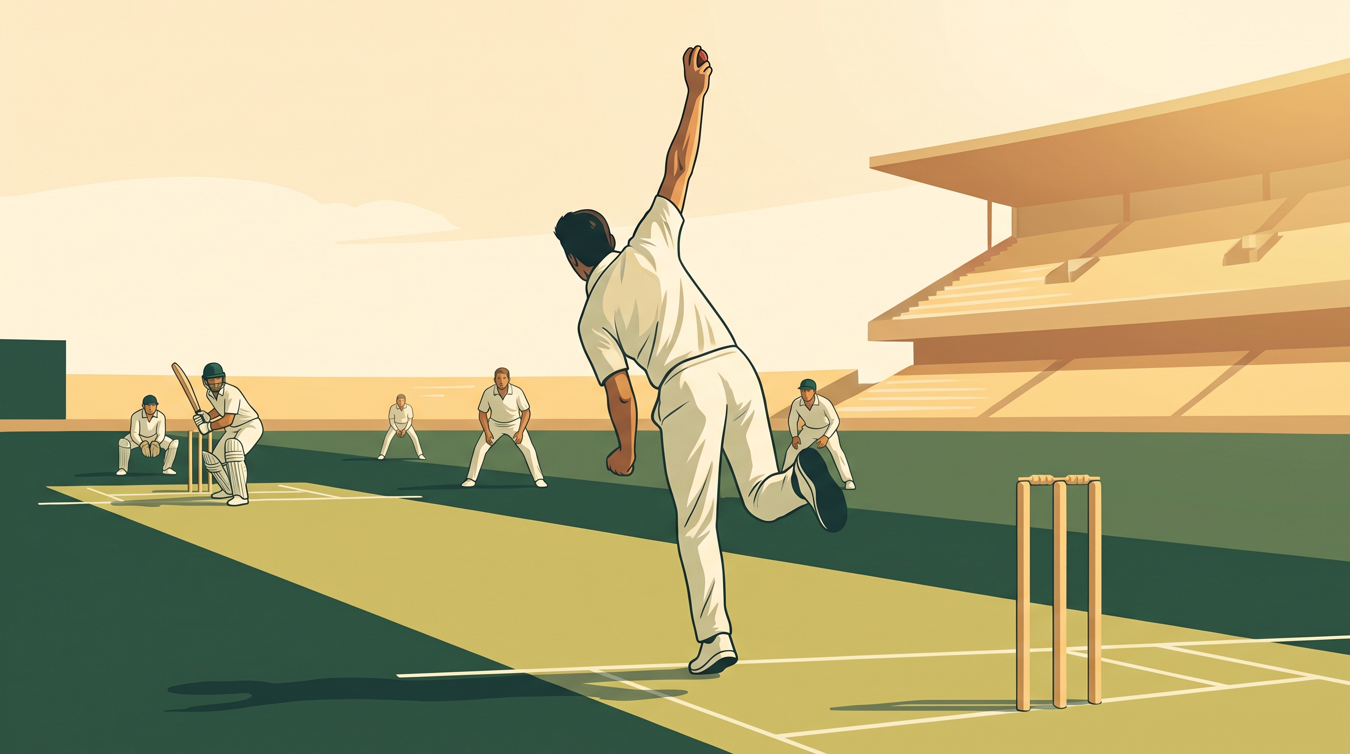 A cricket bowler mid-delivery on an English cricket ground, with fielders and a tiered stand behind