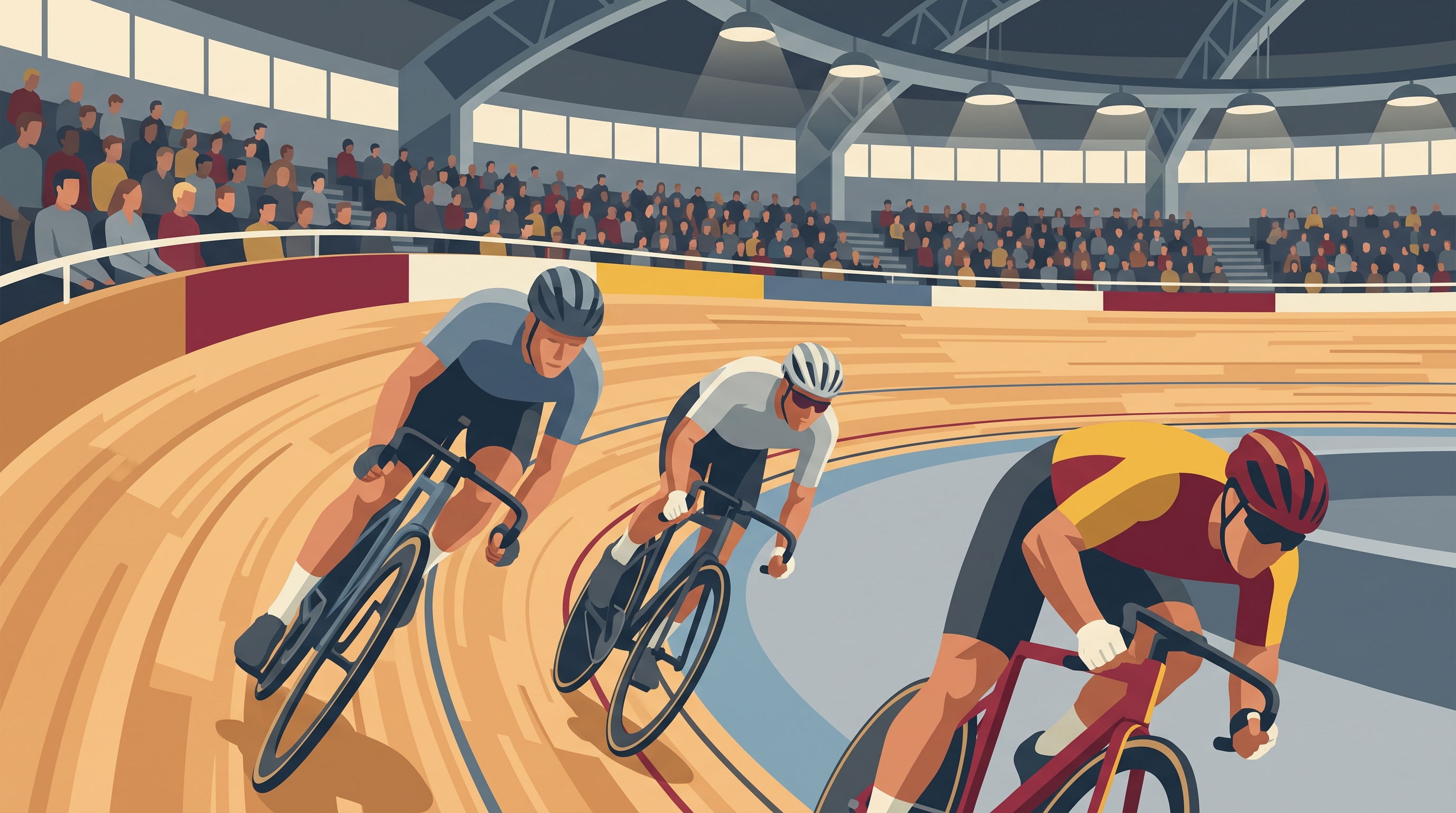Track cyclists mid-sprint banked on a velodrome curve with a crowd behind
