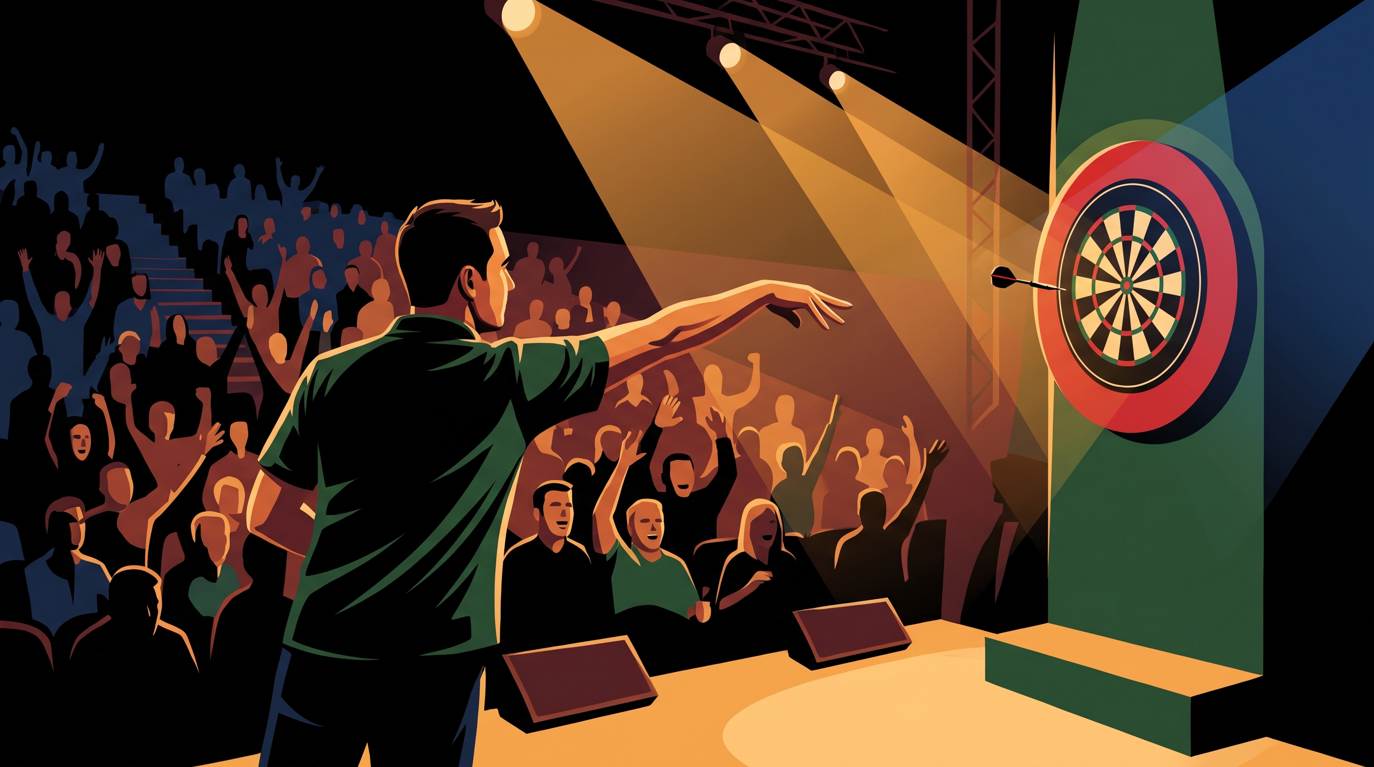 A darts player mid-throw on stage with a packed crowd behind