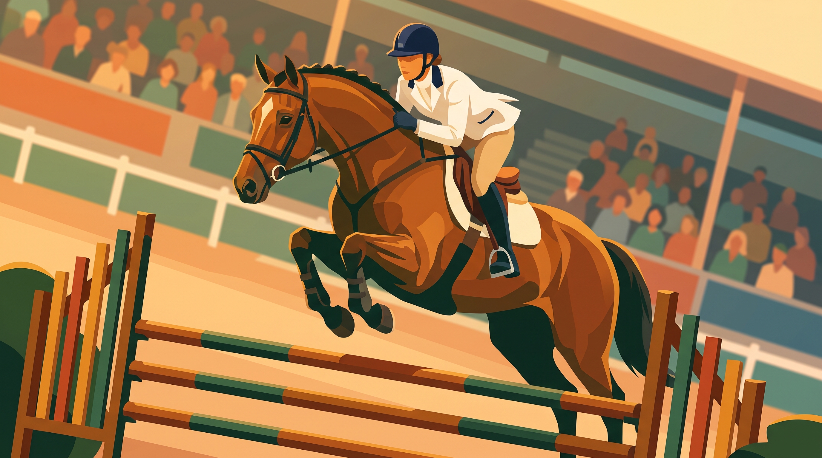 A horse and rider mid-jump in an arena with a crowd of spectators behind