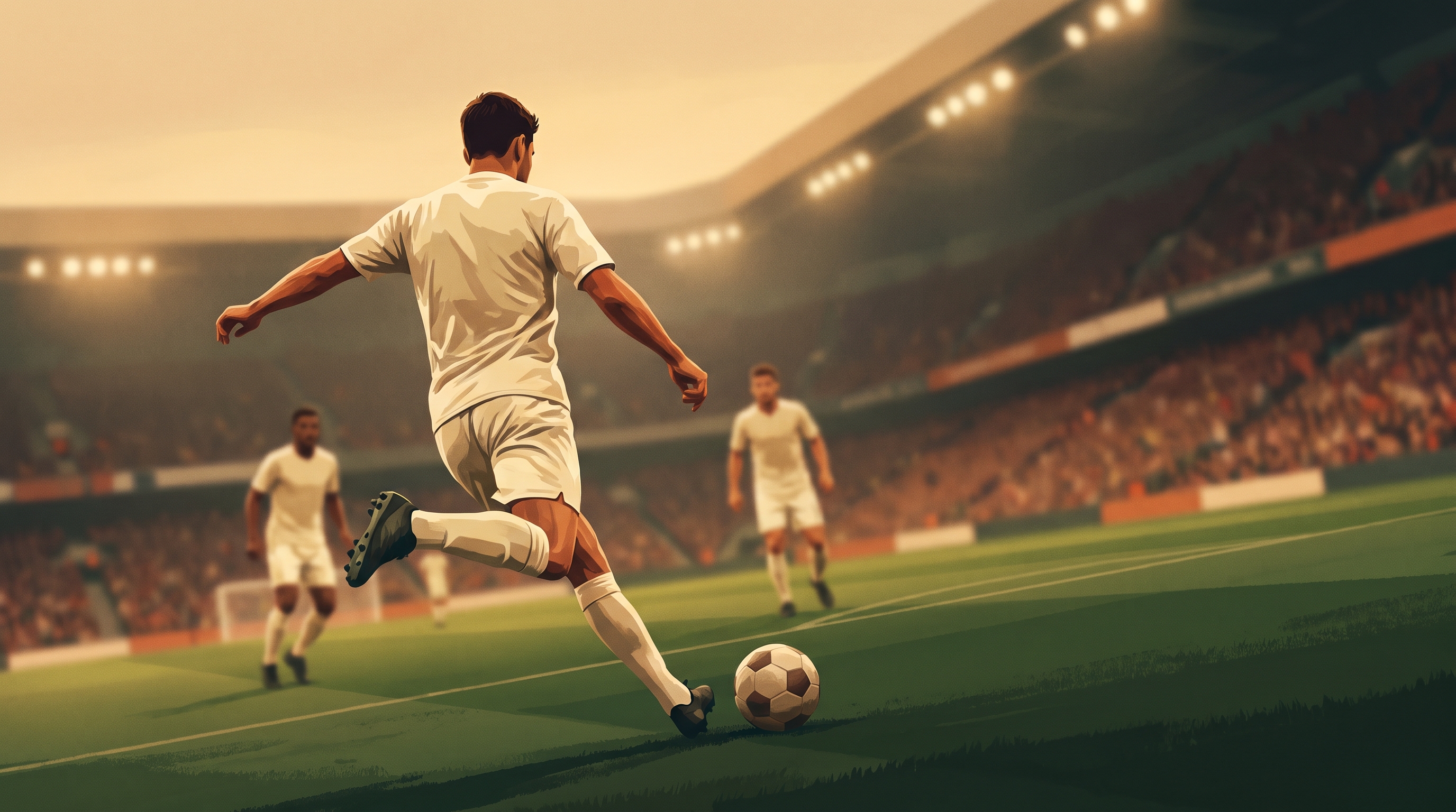 A football match in action, capturing a player striking the ball with a packed stadium terrace behind