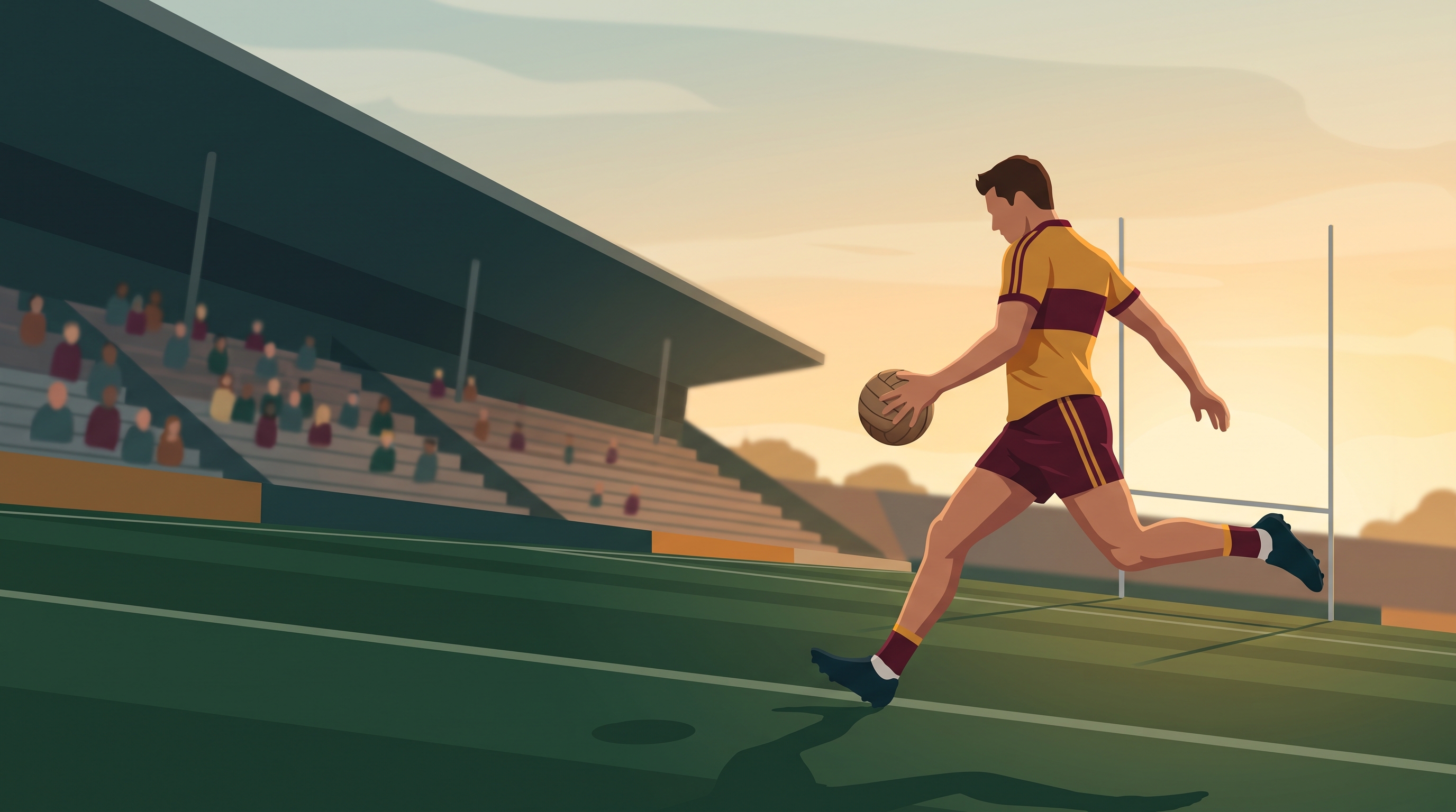 A Gaelic football player in action on the pitch with a crowd in the stand behind