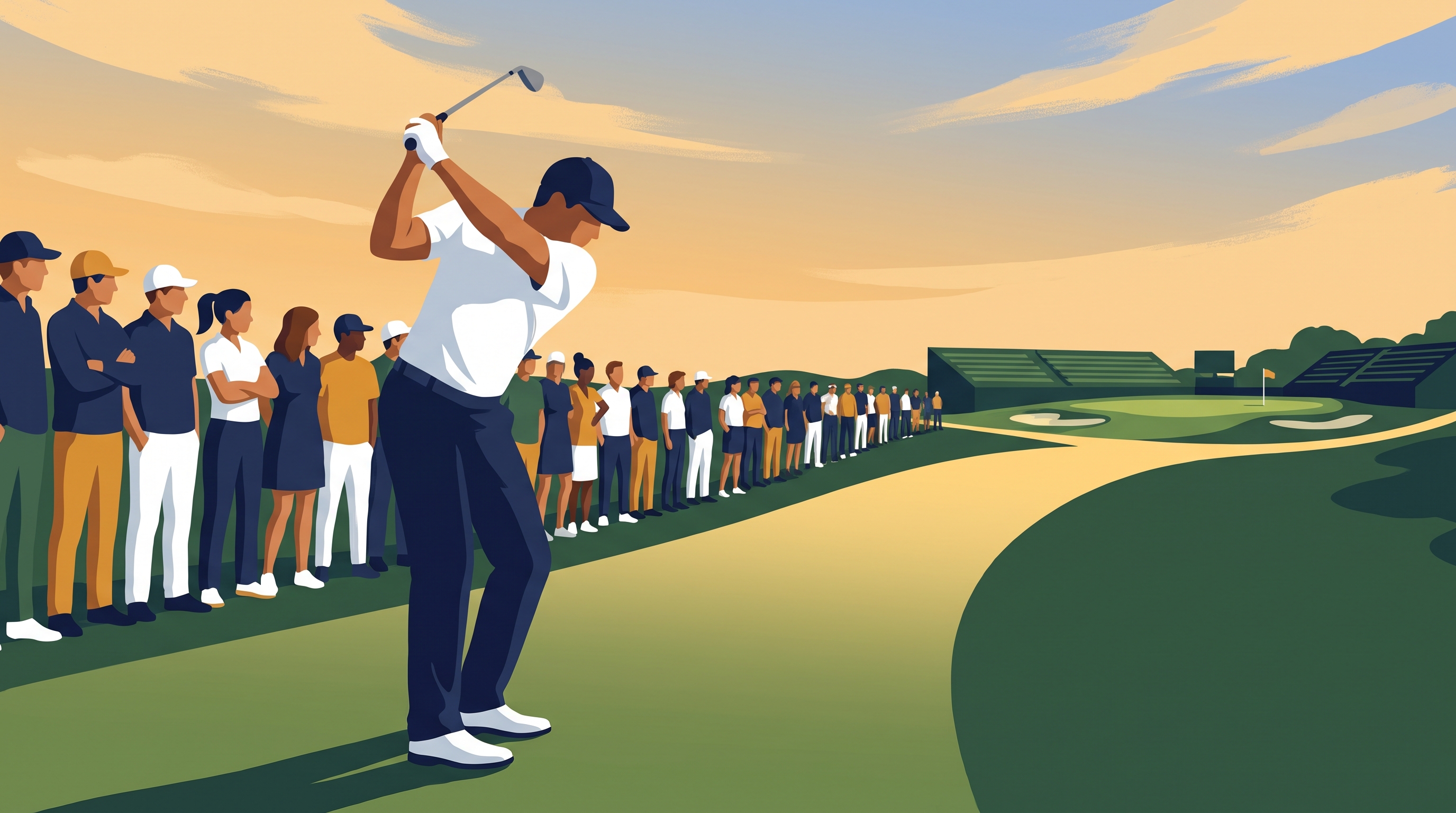 A golfer mid-swing on the fairway with a crowd of spectators behind