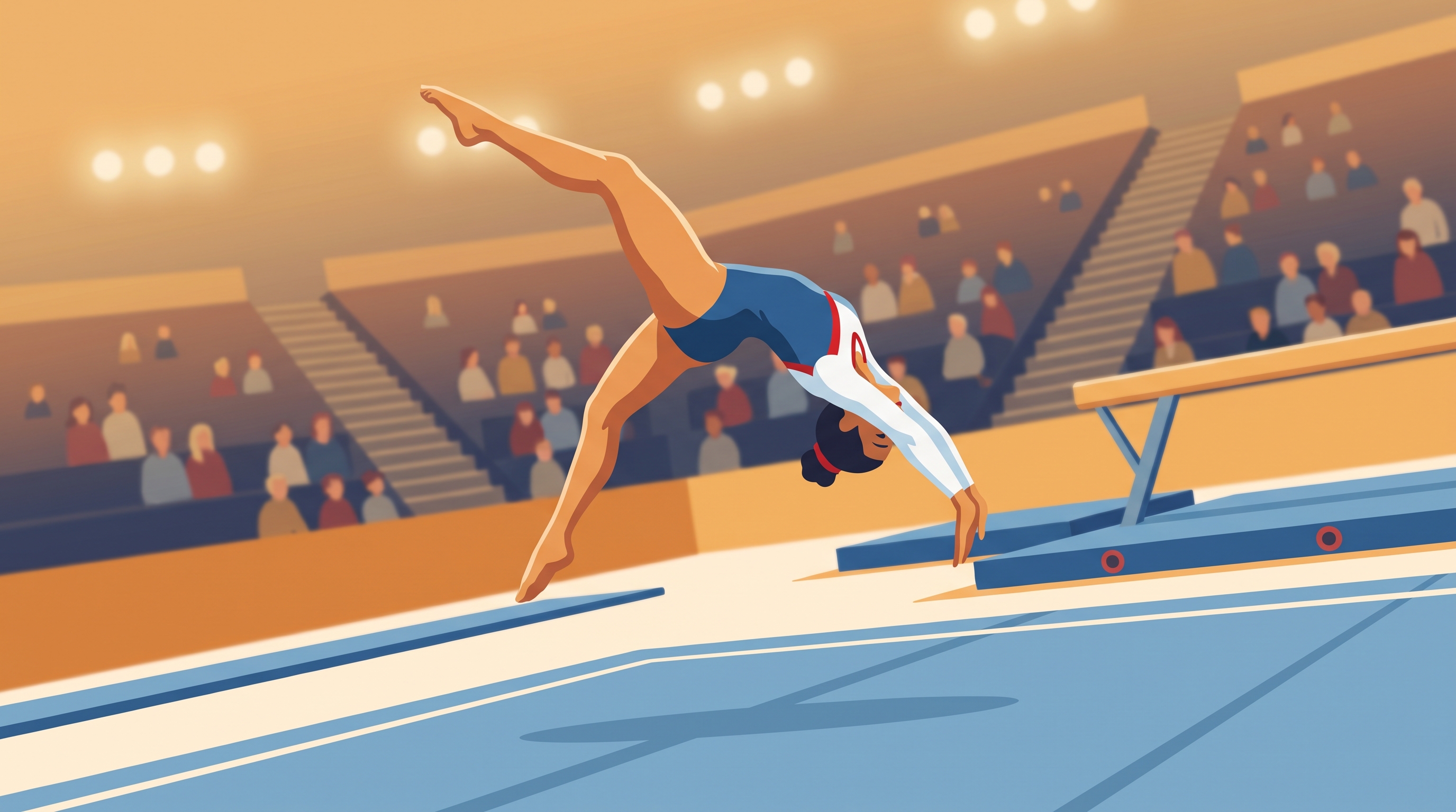 A gymnast mid-air in a dynamic pose with a crowd in the arena behind