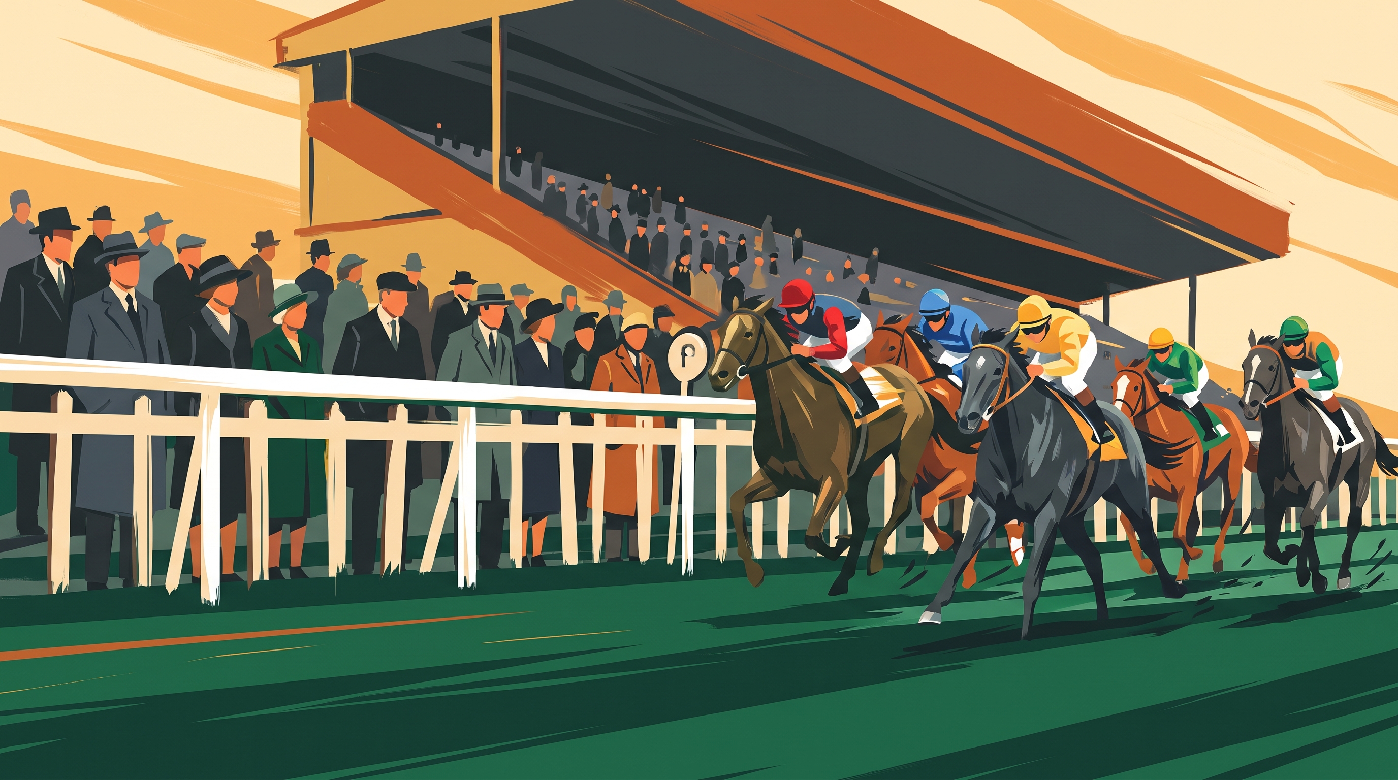 Racehorses and jockeys at full gallop with a crowd in the grandstand behind