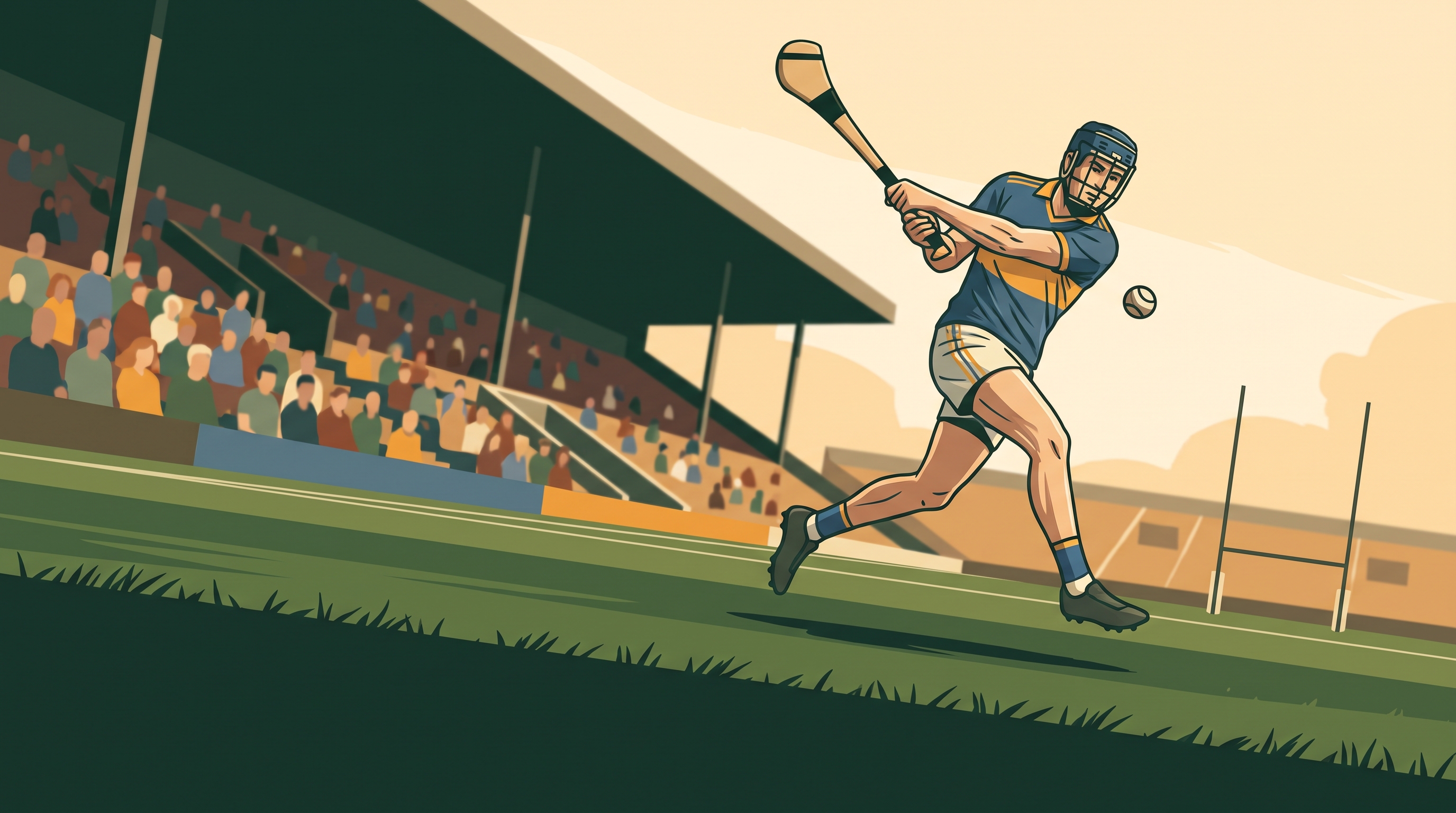A hurling player striking the sliotar on the pitch with a crowd in the stand behind