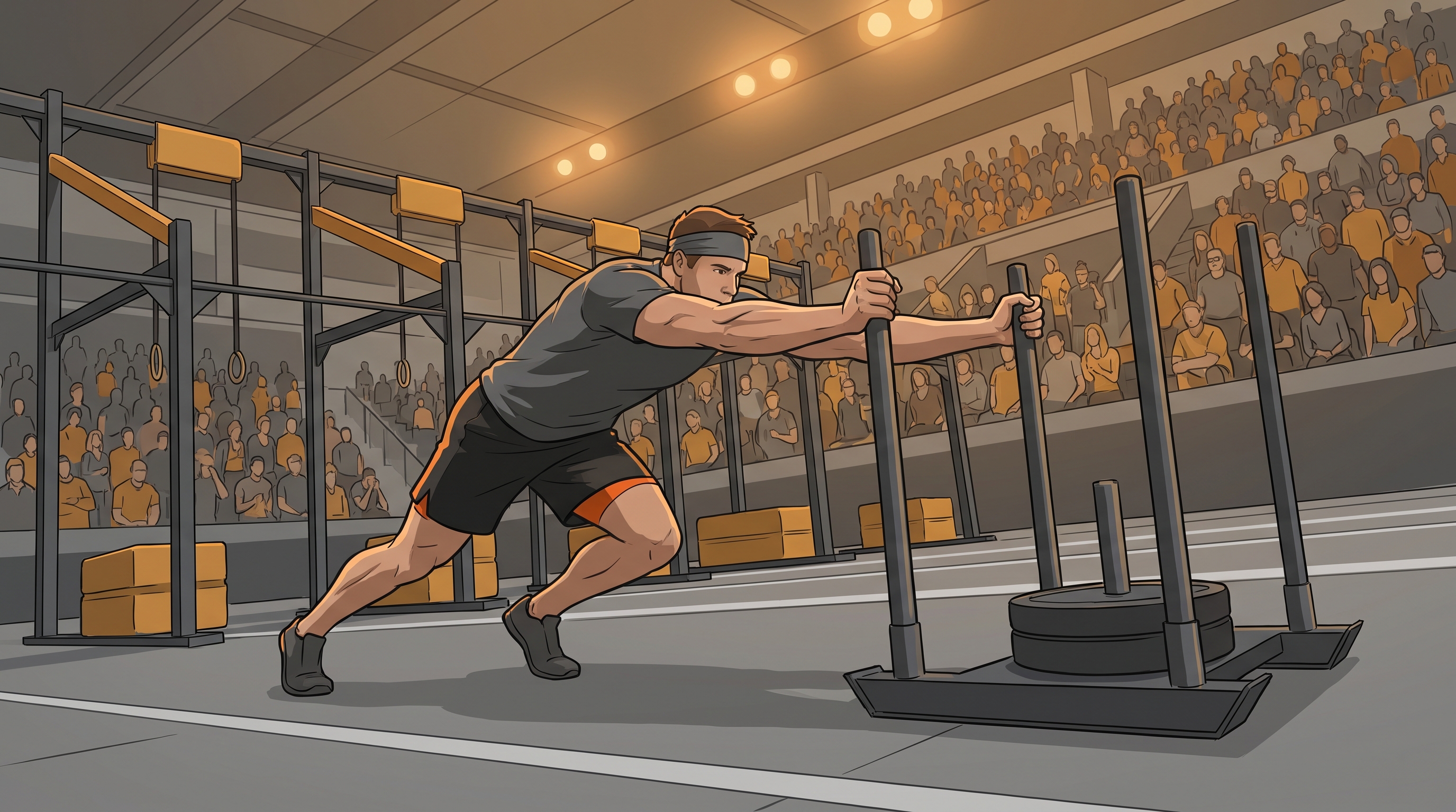 A Hyrox competitor pushing a weighted sled with a crowd of spectators behind