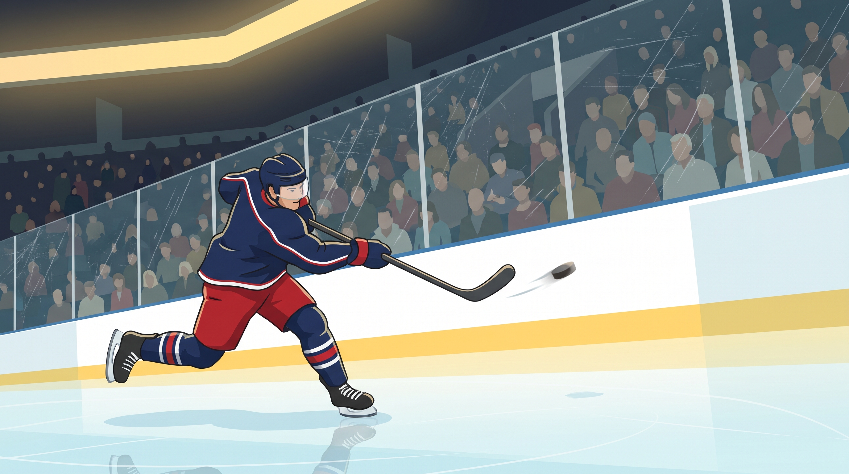 An ice hockey player mid-slapshot on the rink with the boards and crowd behind