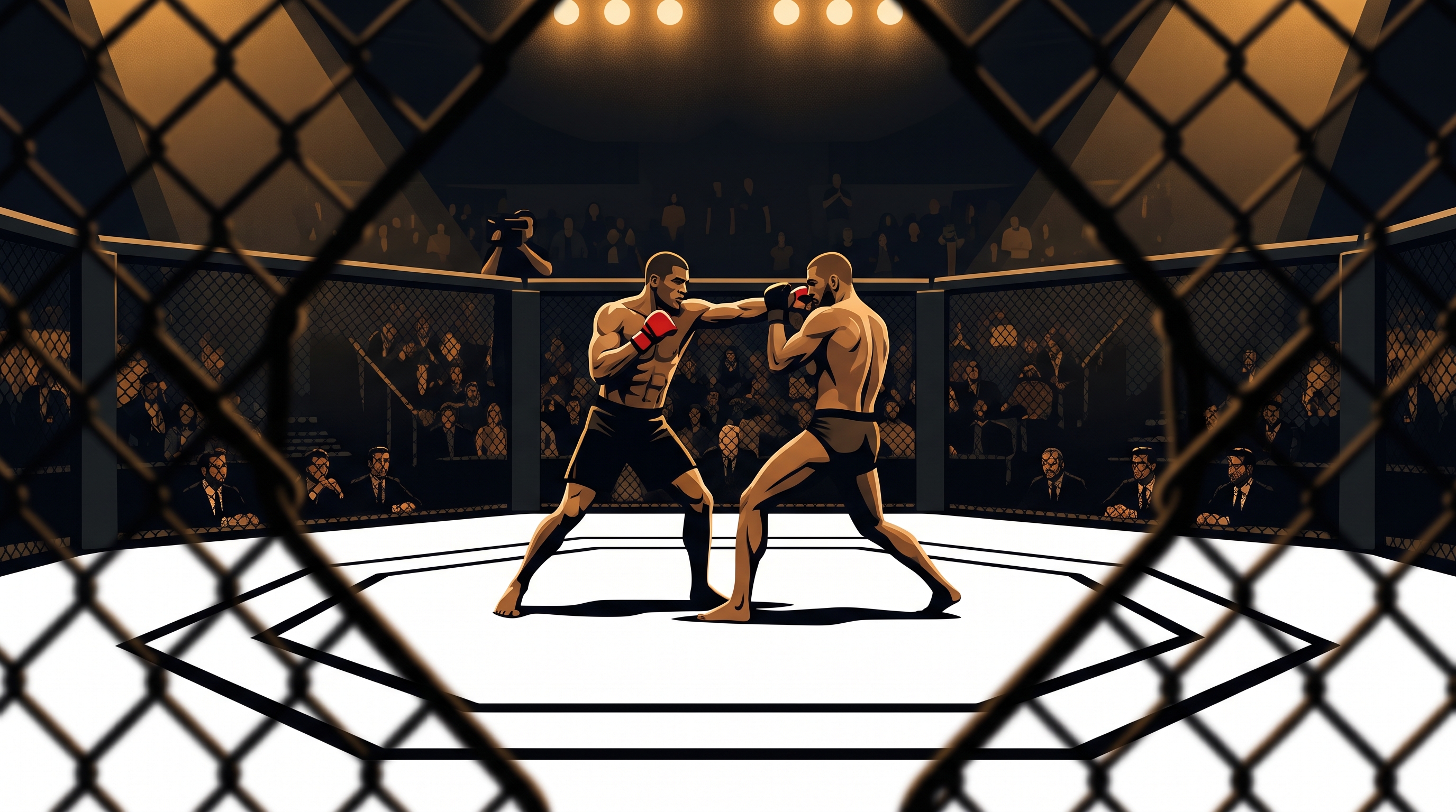 Two MMA fighters mid-exchange in the cage viewed through the fencing with a crowd behind