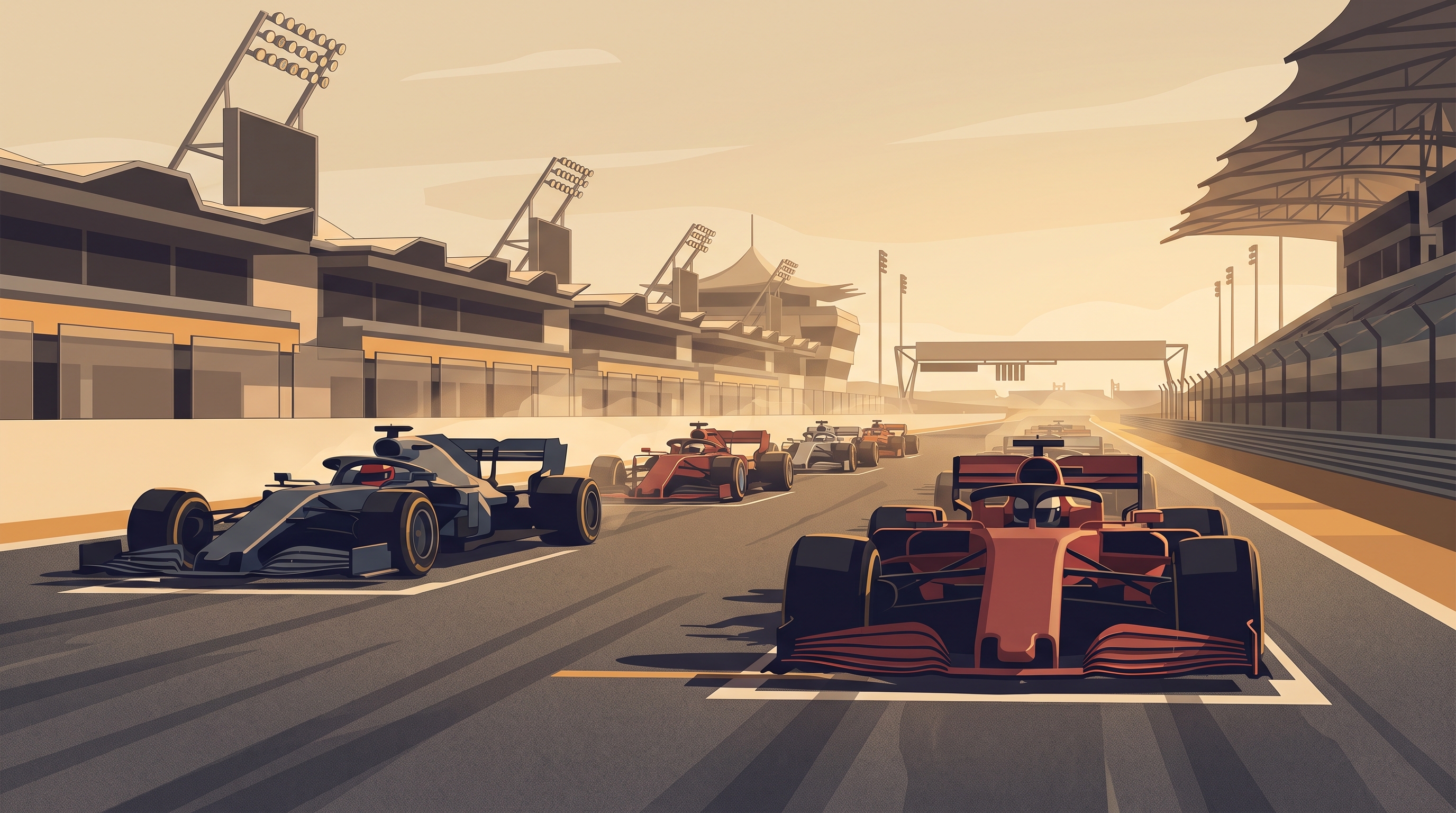 A Formula 1 starting grid lined up on track with grandstands in the background