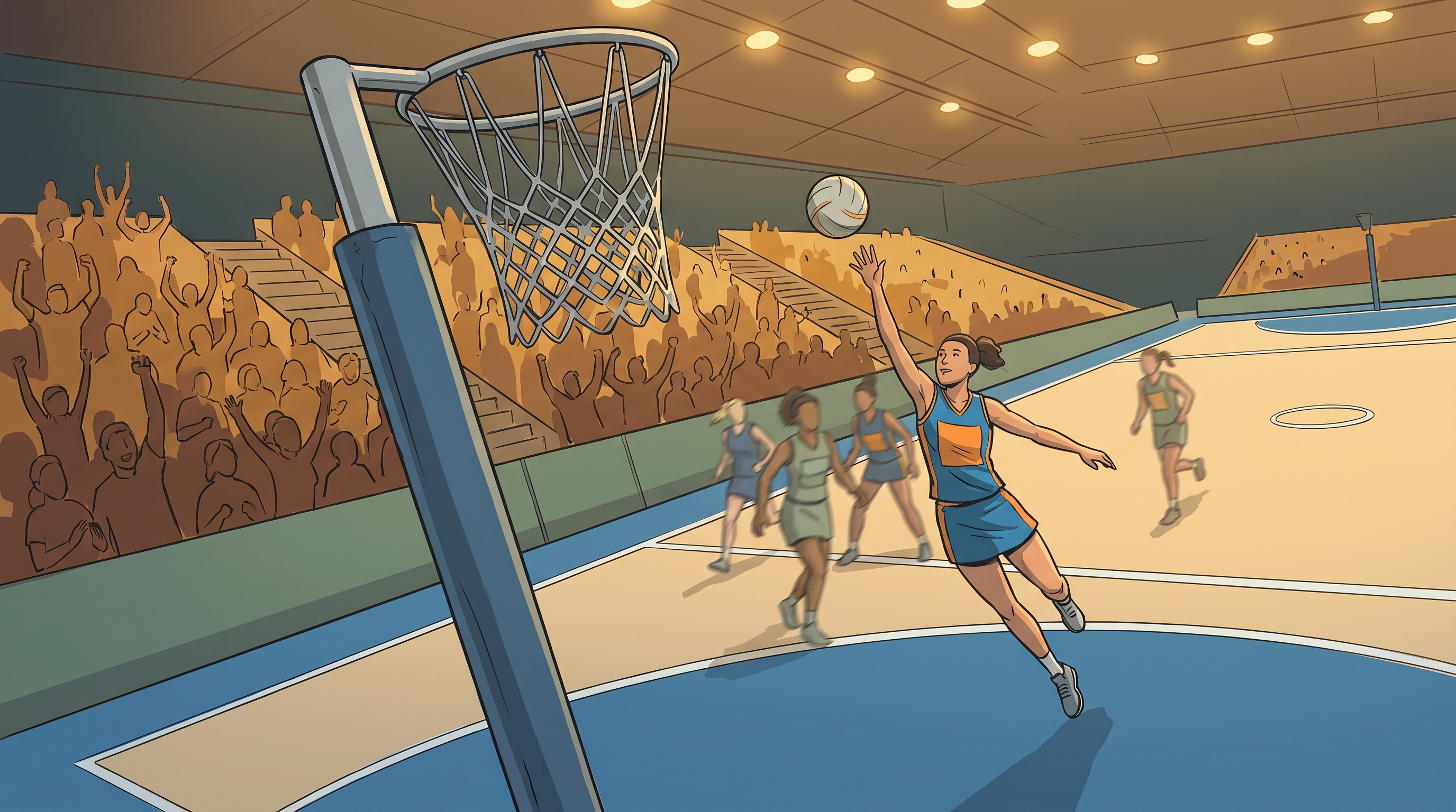 A netball player mid-shot beneath the goal ring with a crowd in the stand behind