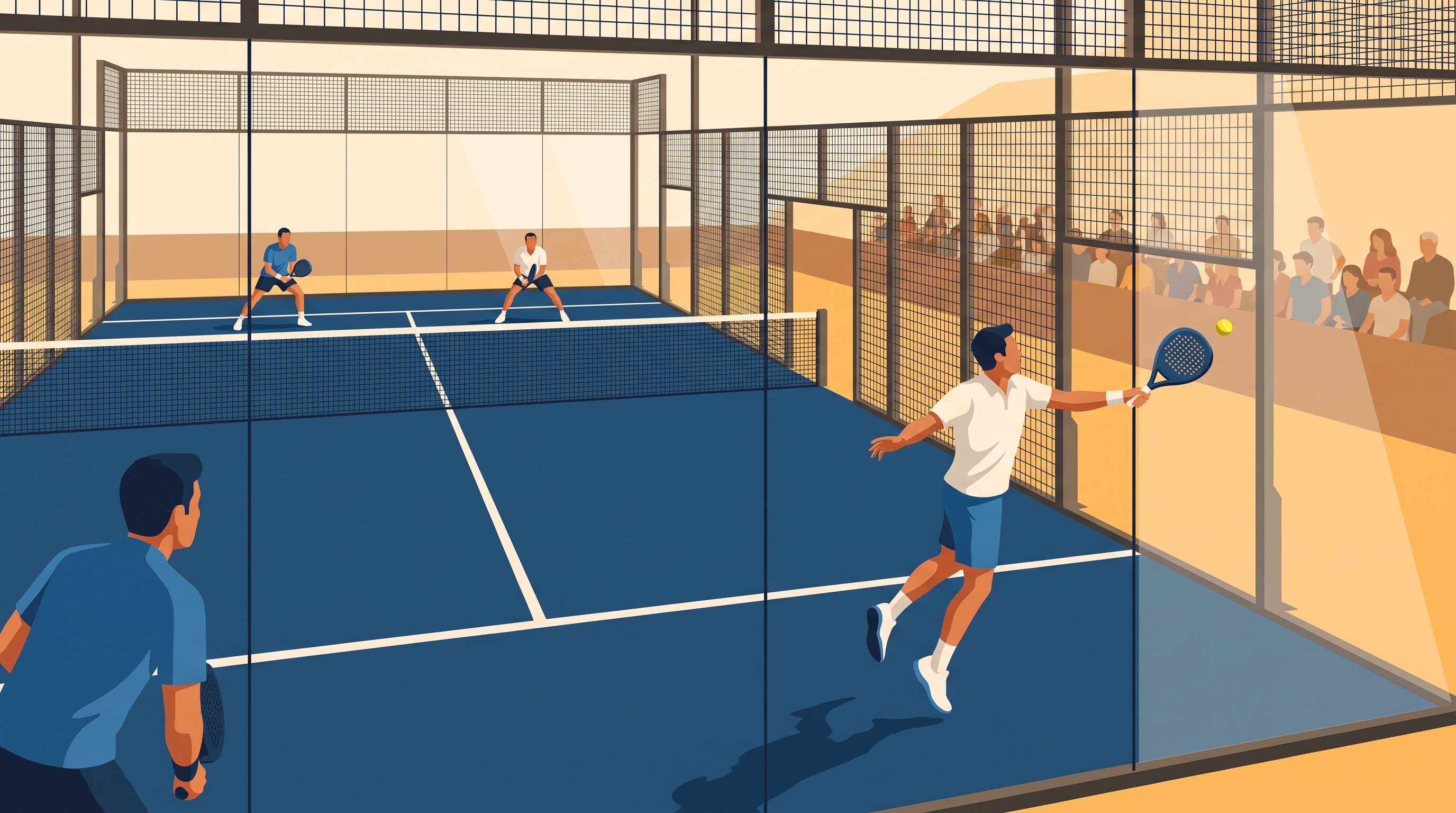 A padel player mid-smash off the back glass with spectators watching behind