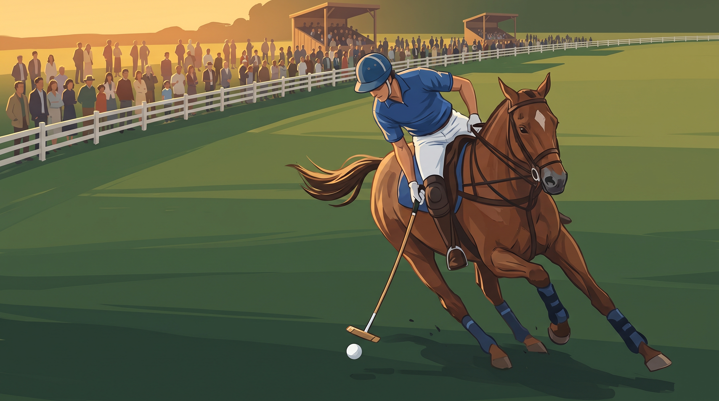 A mounted polo player at full gallop striking the ball with a crowd behind