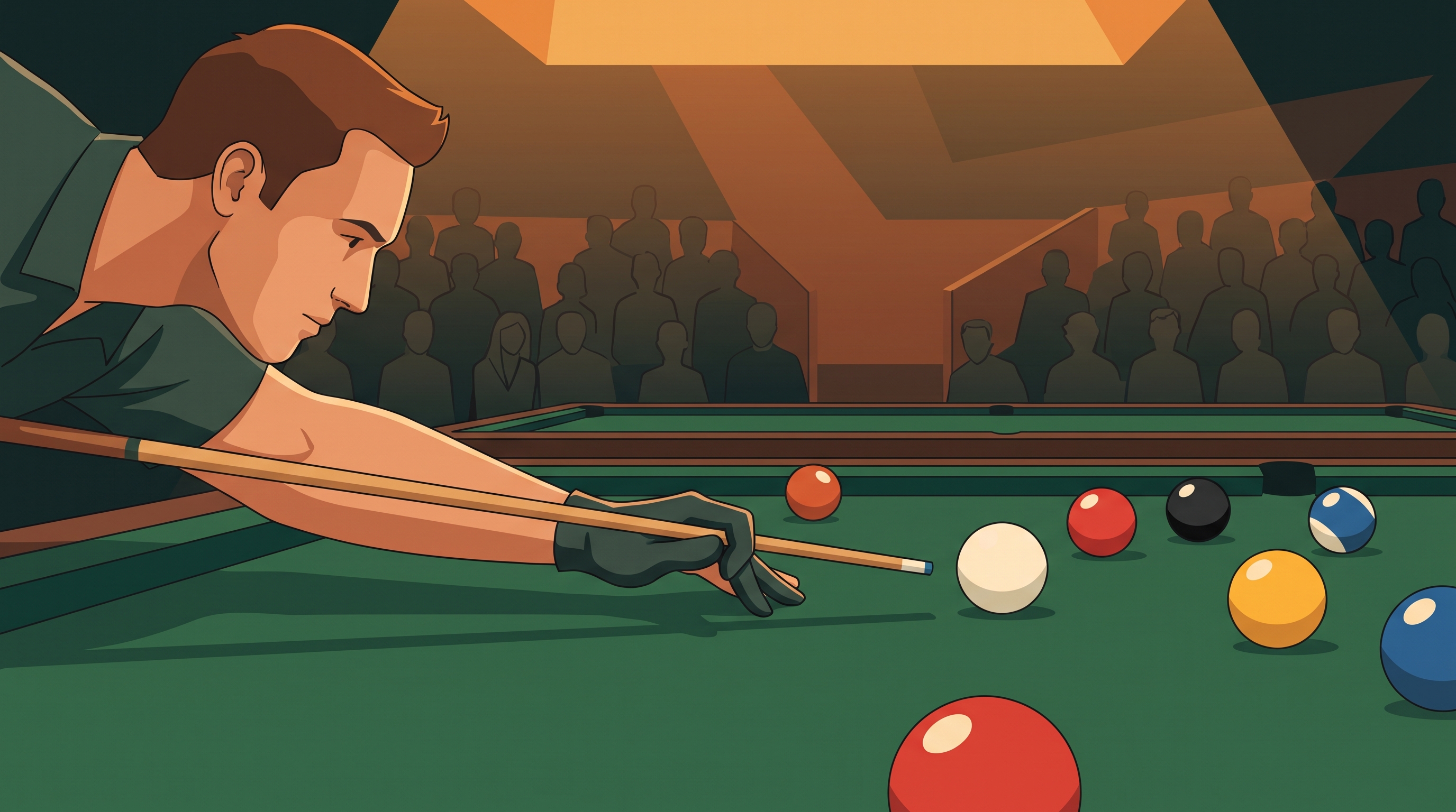 A pool player mid-shot leaning over the cue with a crowd of spectators behind