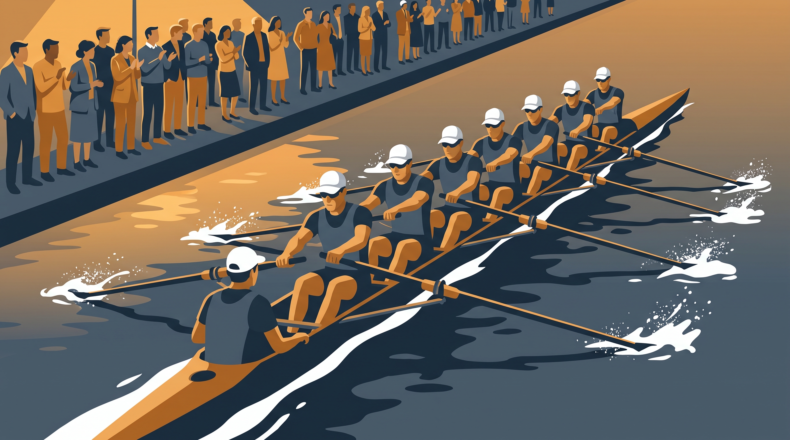 A rowing crew mid-stroke on the water with spectators along the bank behind