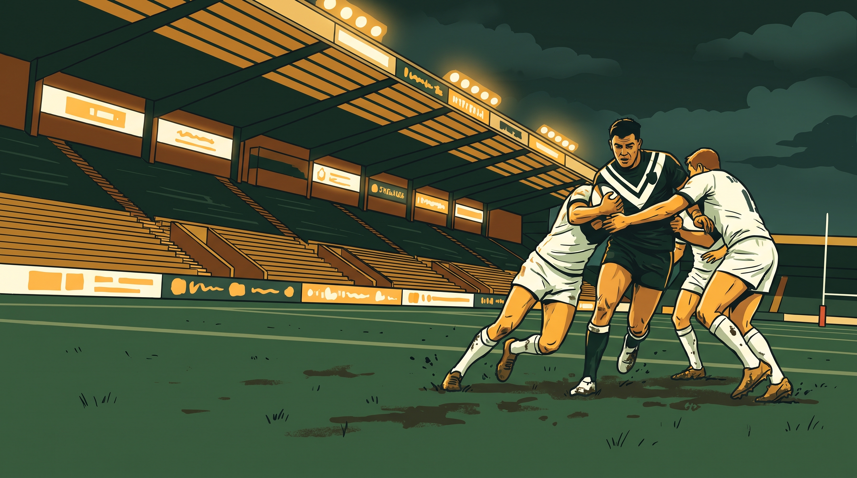 A rugby league player in action on the pitch with a tiered stand behind