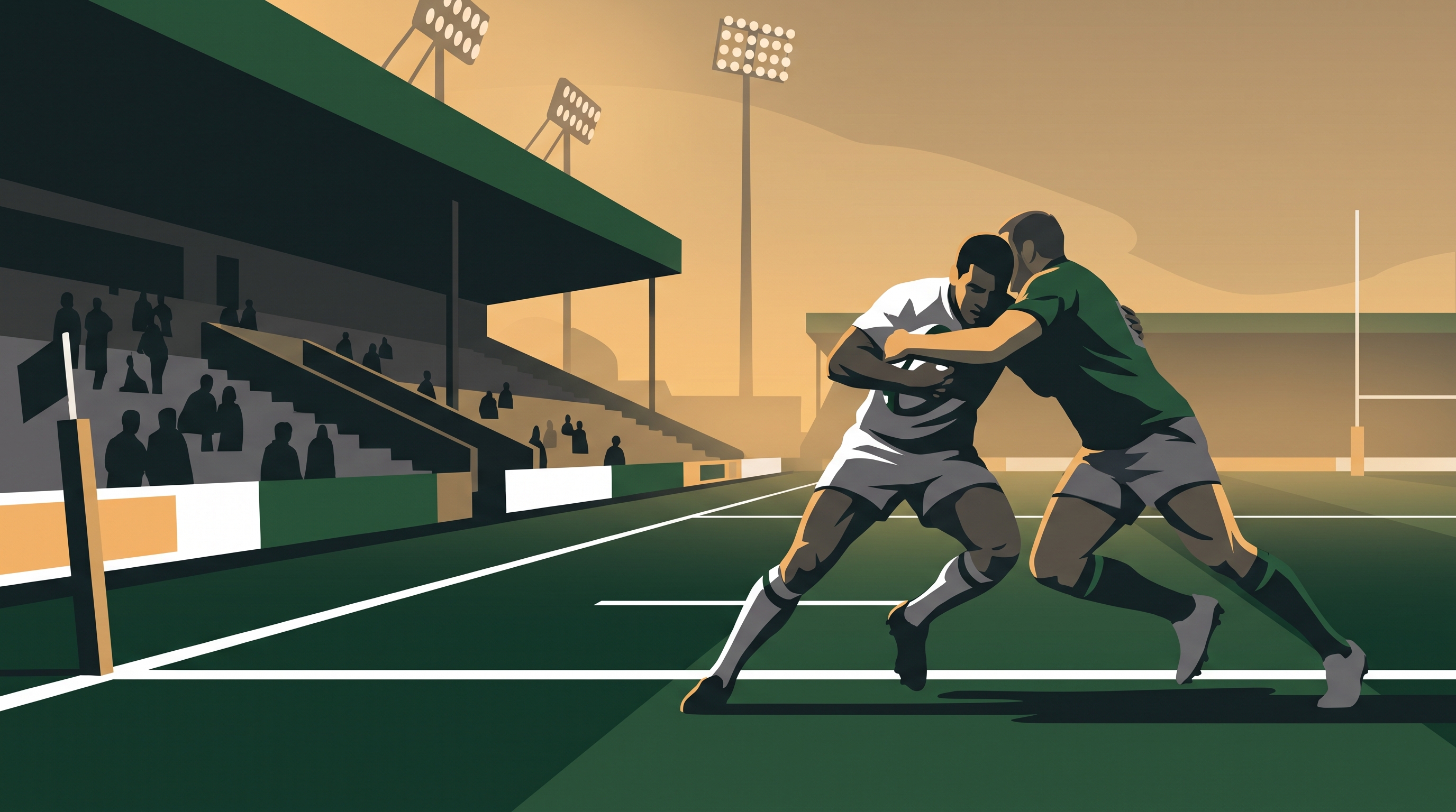 A rugby union player in action on the pitch with a tiered stand behind