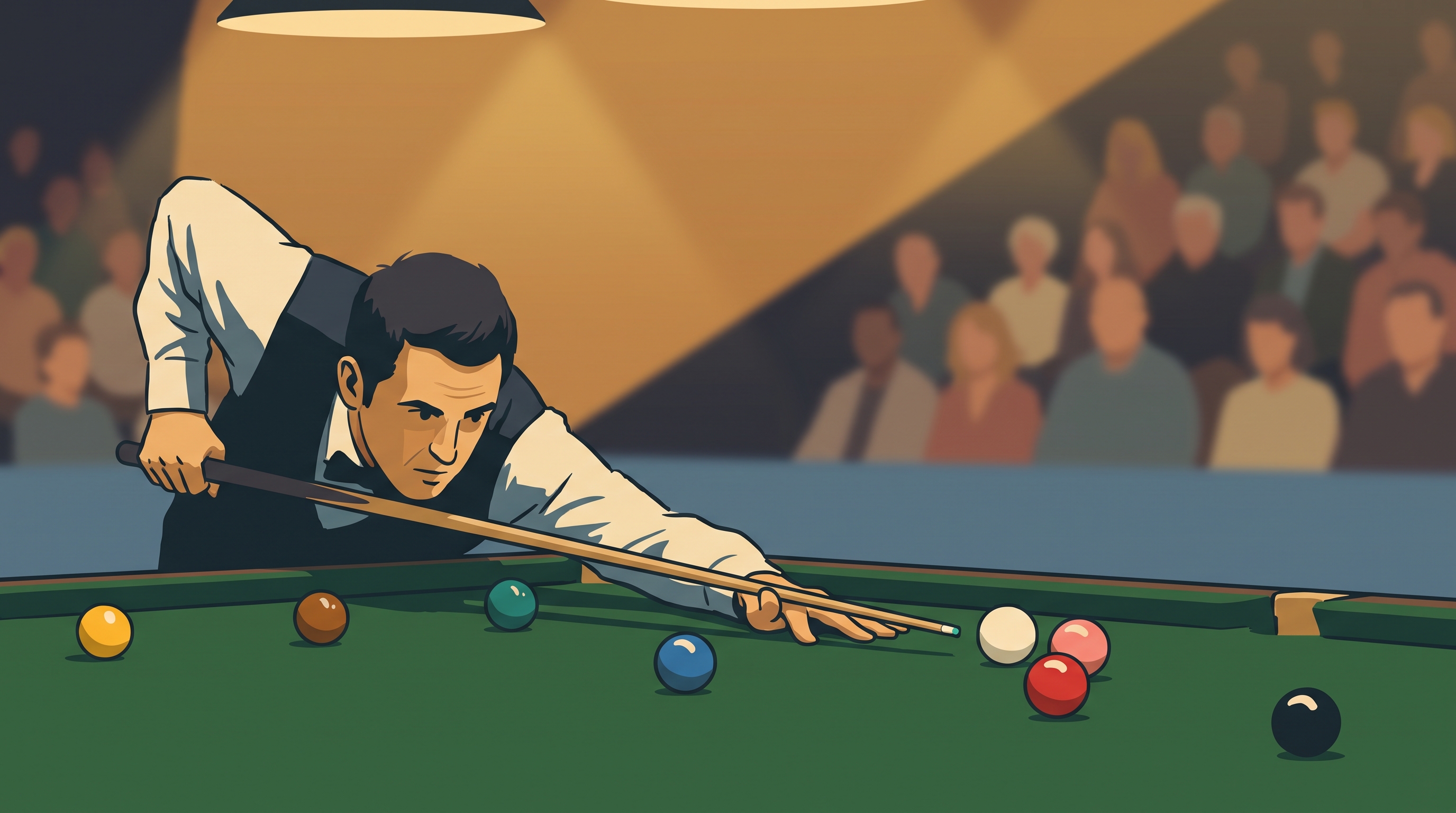 A snooker player mid-shot at the table with a crowd of spectators behind