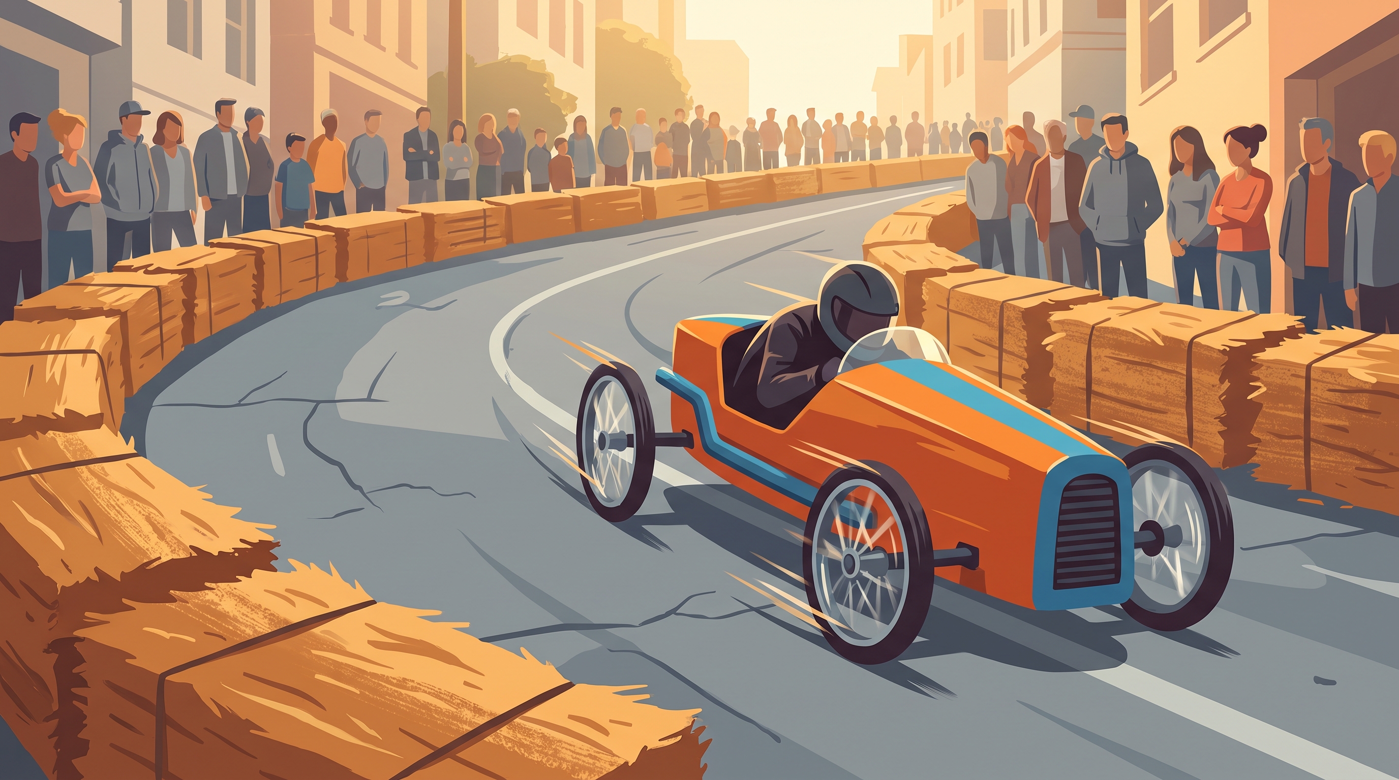 A soapbox cart mid-descent on a steep street course with a crowd of spectators along the roadside
