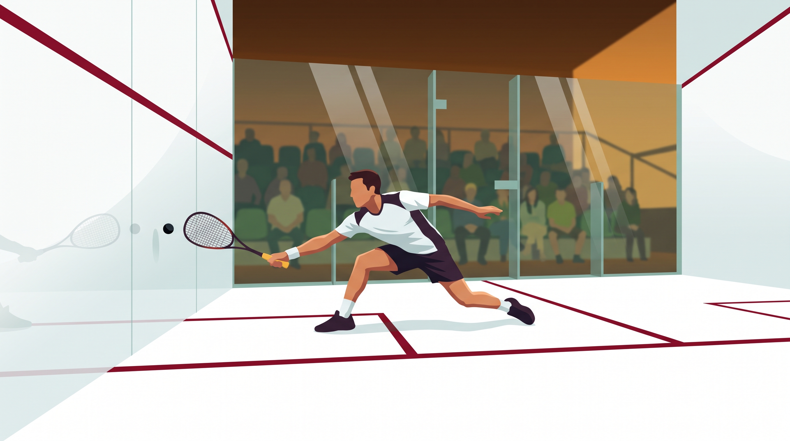 A squash player lunging to strike the ball on a glass-walled court