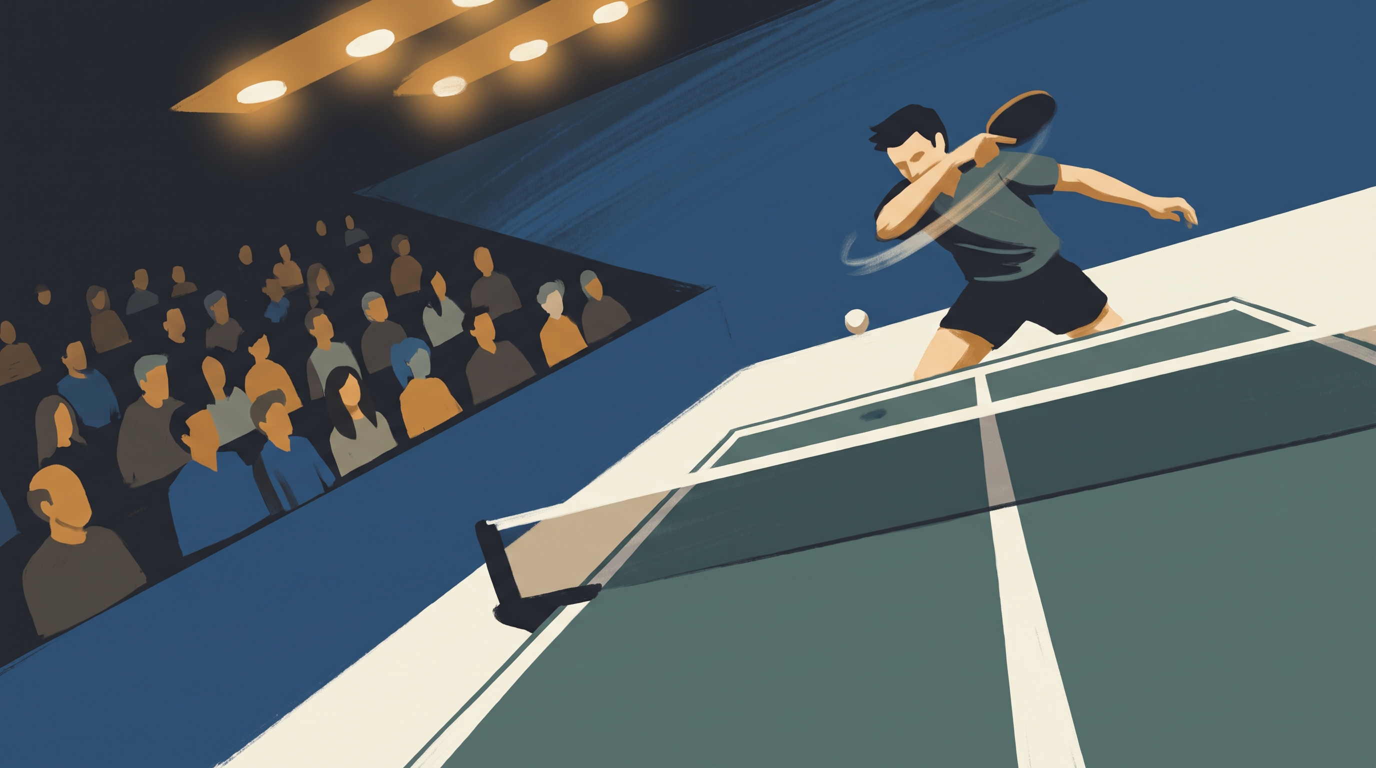 A table tennis player mid-smash with a crowd of spectators behind