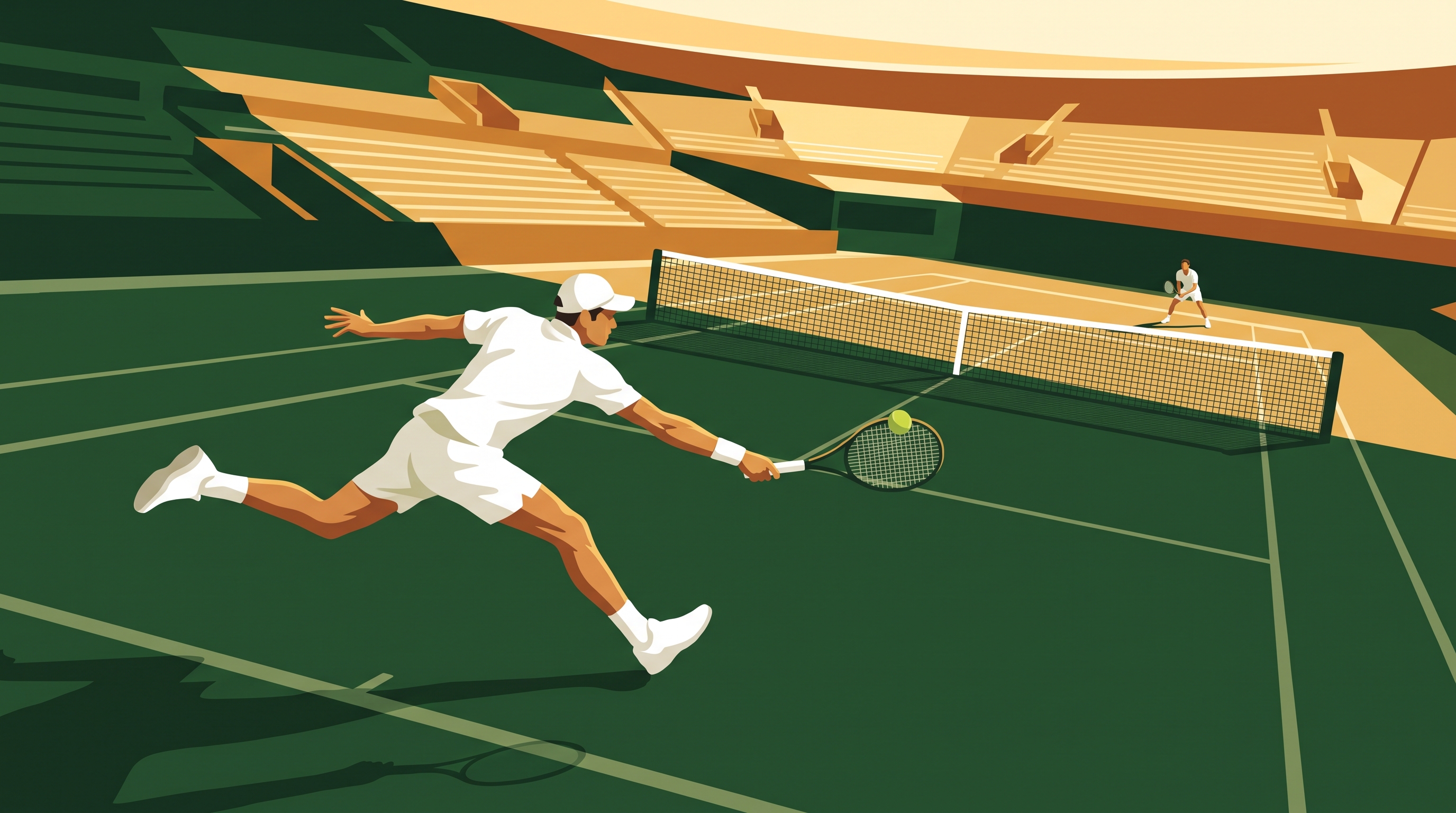 A tennis player mid-serve on a grass court, with the net and a tiered stand behind