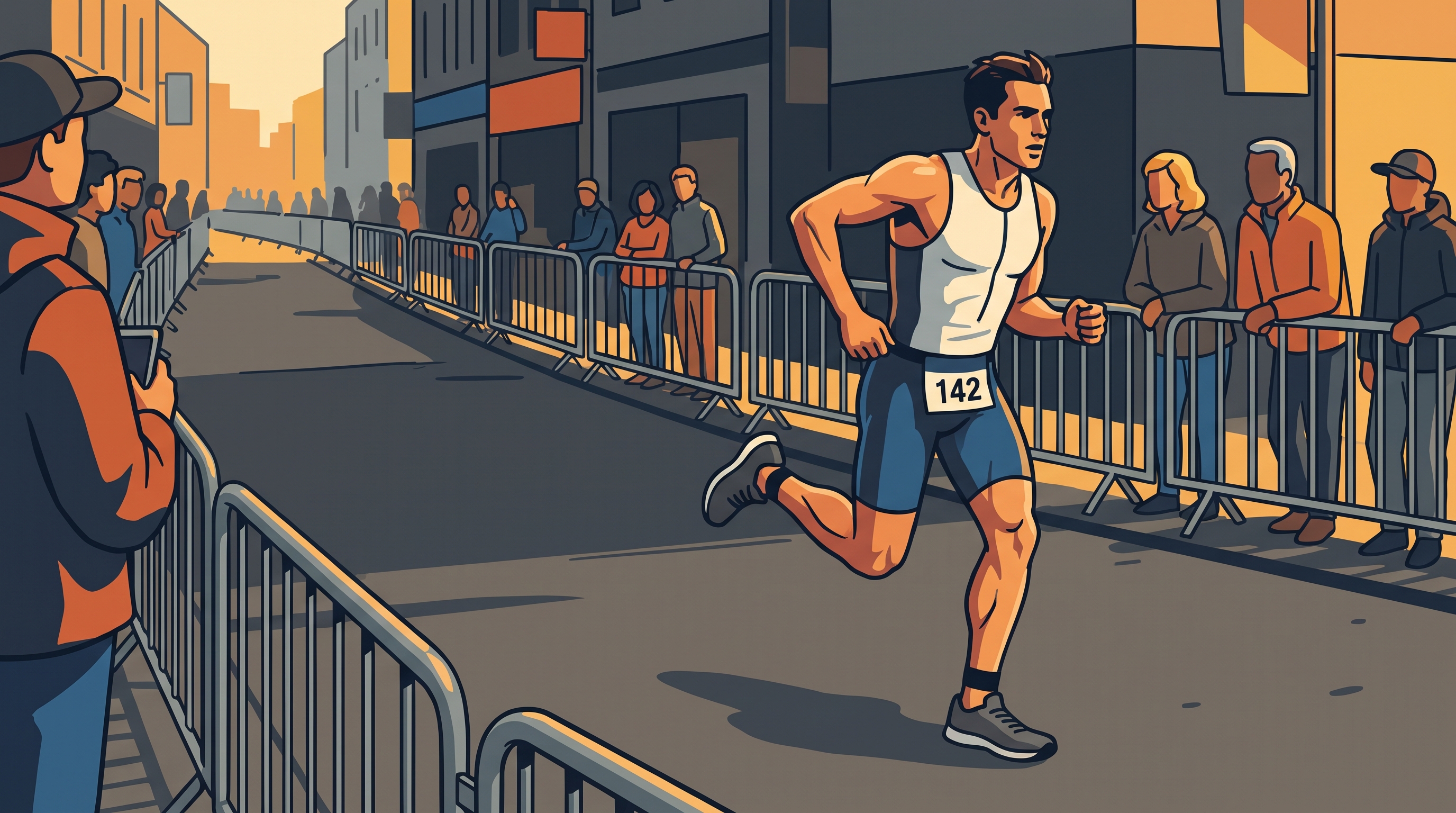 A triathlete mid-stride on the run leg with a crowd of spectators lining the route behind