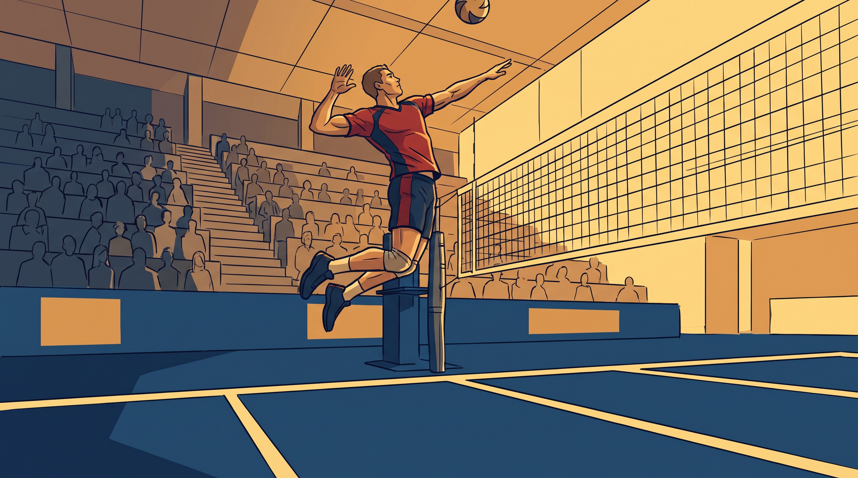 A volleyball player mid-spike above the net with a crowd in the stand behind