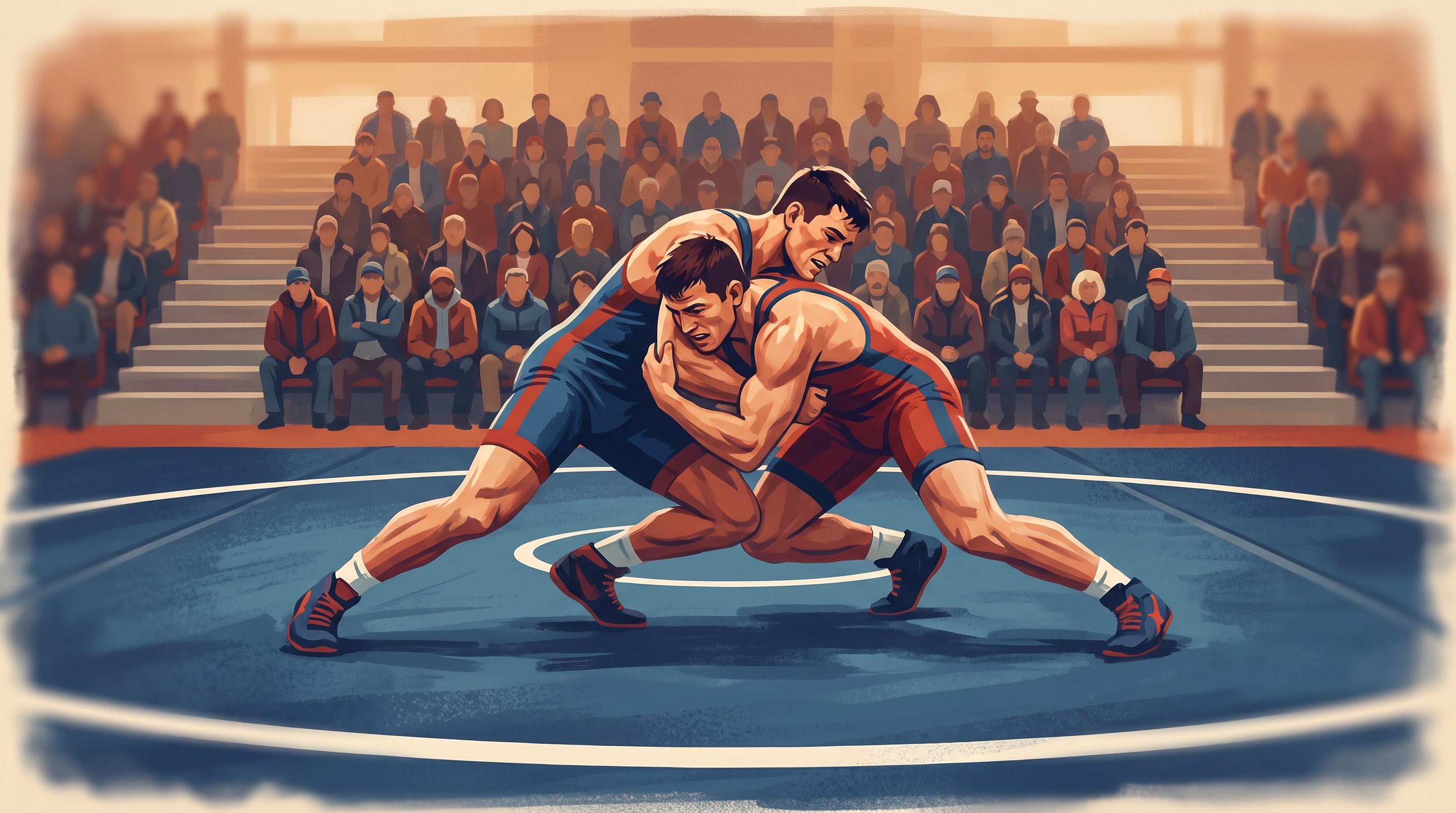 Two wrestlers locked in a takedown attempt on the mat with a crowd in the stand behind