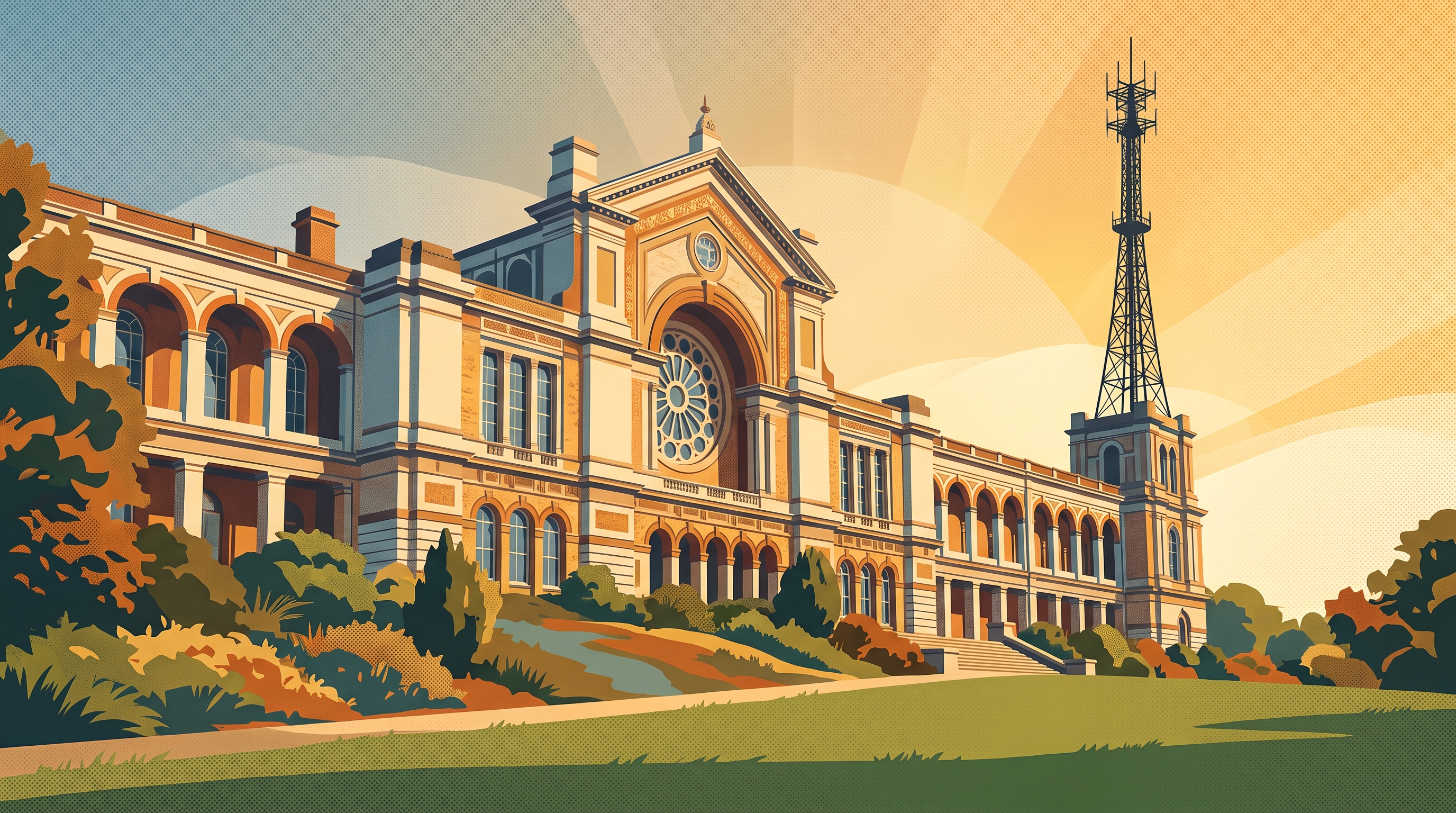 Alexandra Palace in north London viewed from Muswell Hill at golden hour, with its transmission mast visible