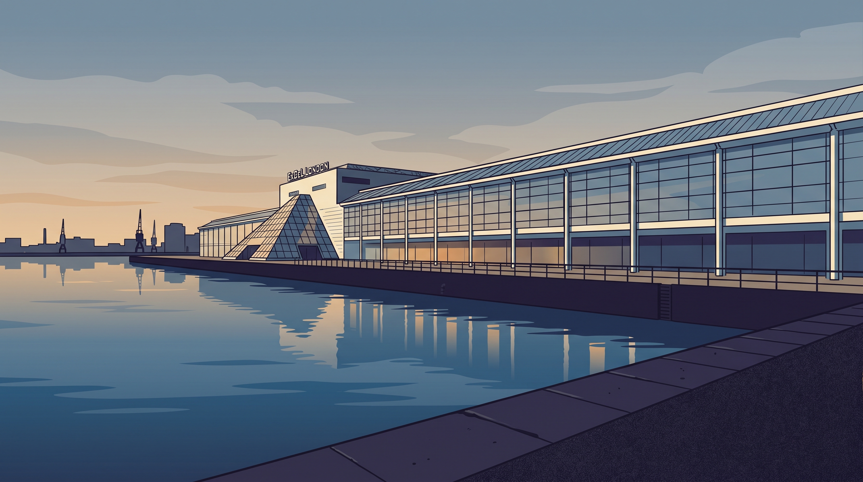ExCeL London exhibition centre viewed along the Royal Victoria Dock waterfront
