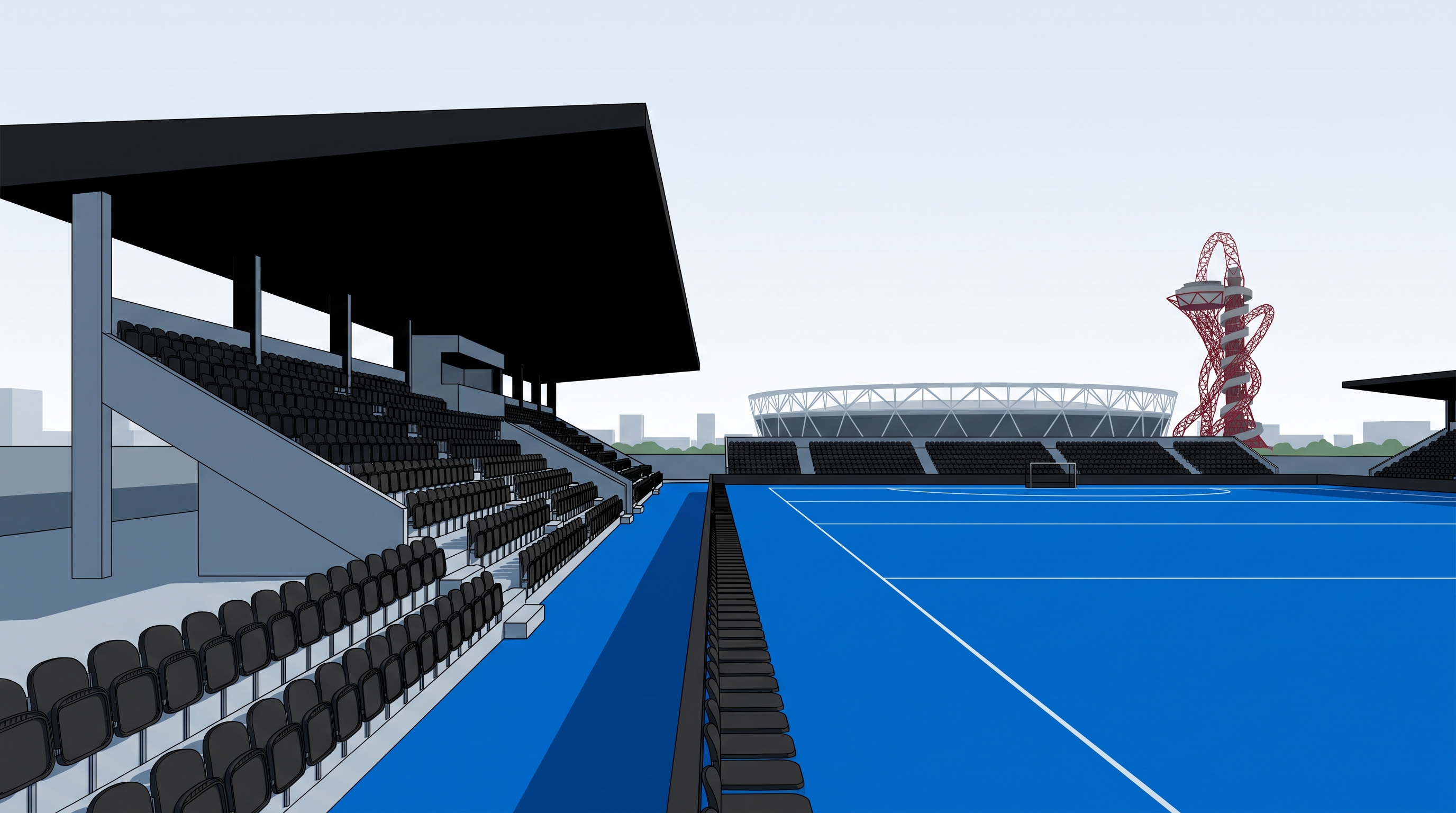 Lee Valley Hockey and Tennis Centre with its blue hockey pitch at Queen Elizabeth Olympic Park