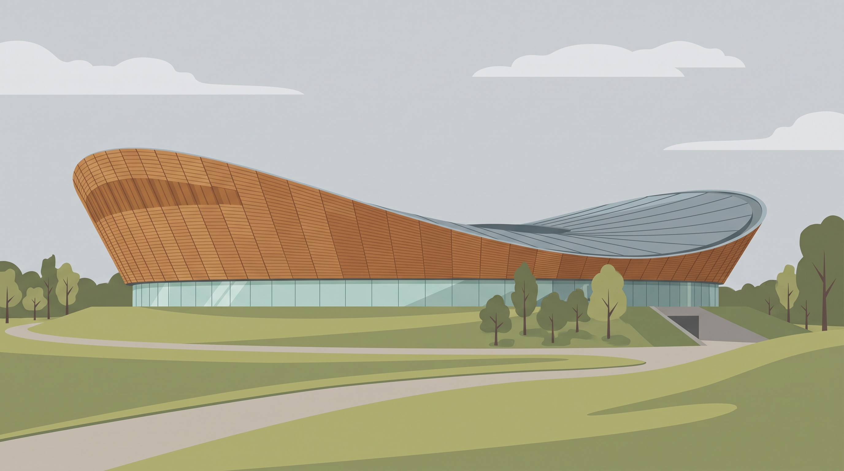 Lee Valley VeloPark velodrome with its double-curved timber roof at Queen Elizabeth Olympic Park