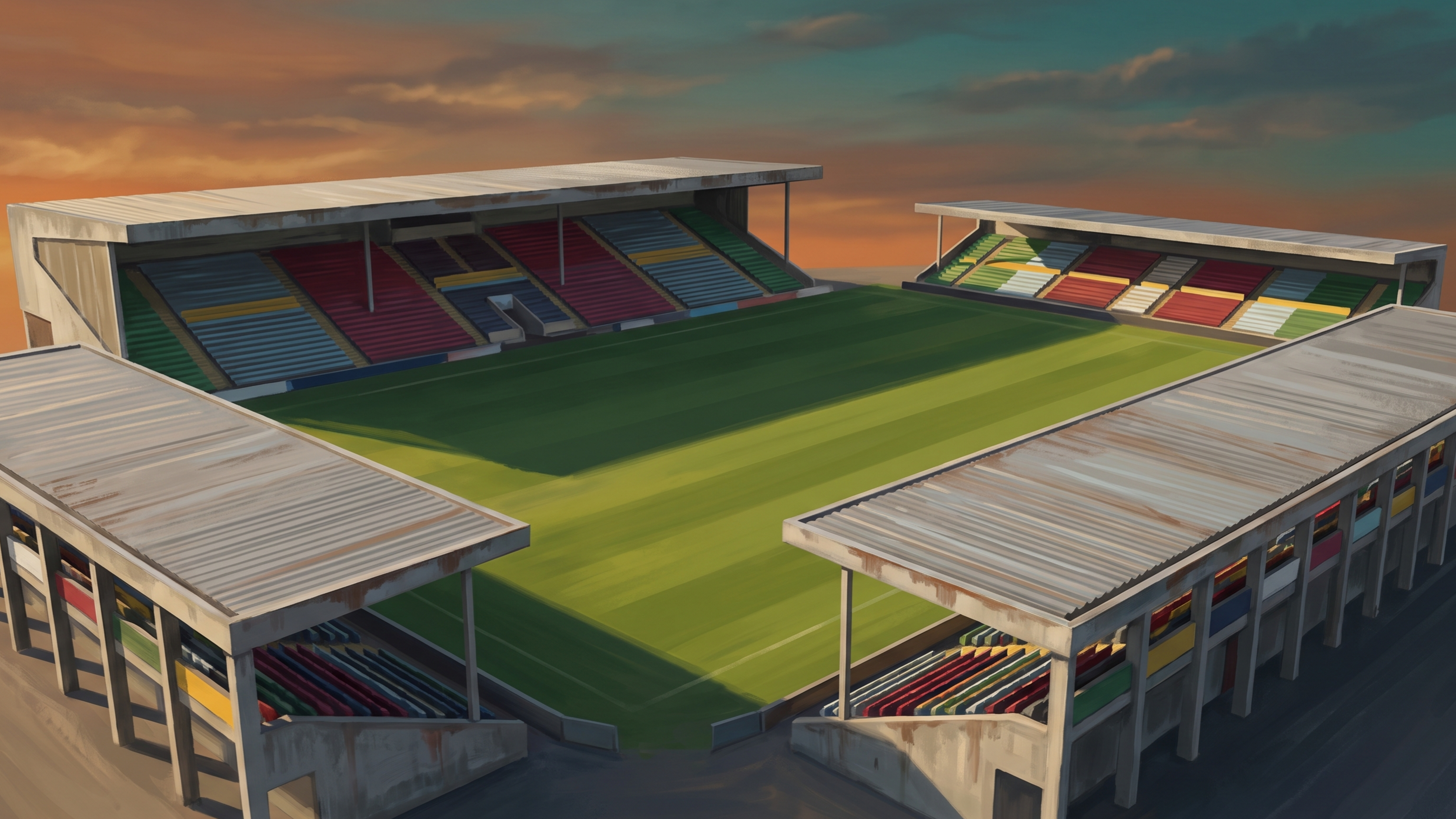 Twickenham Stoop rugby stadium, home of Harlequins, viewed from a low three-quarter aerial angle